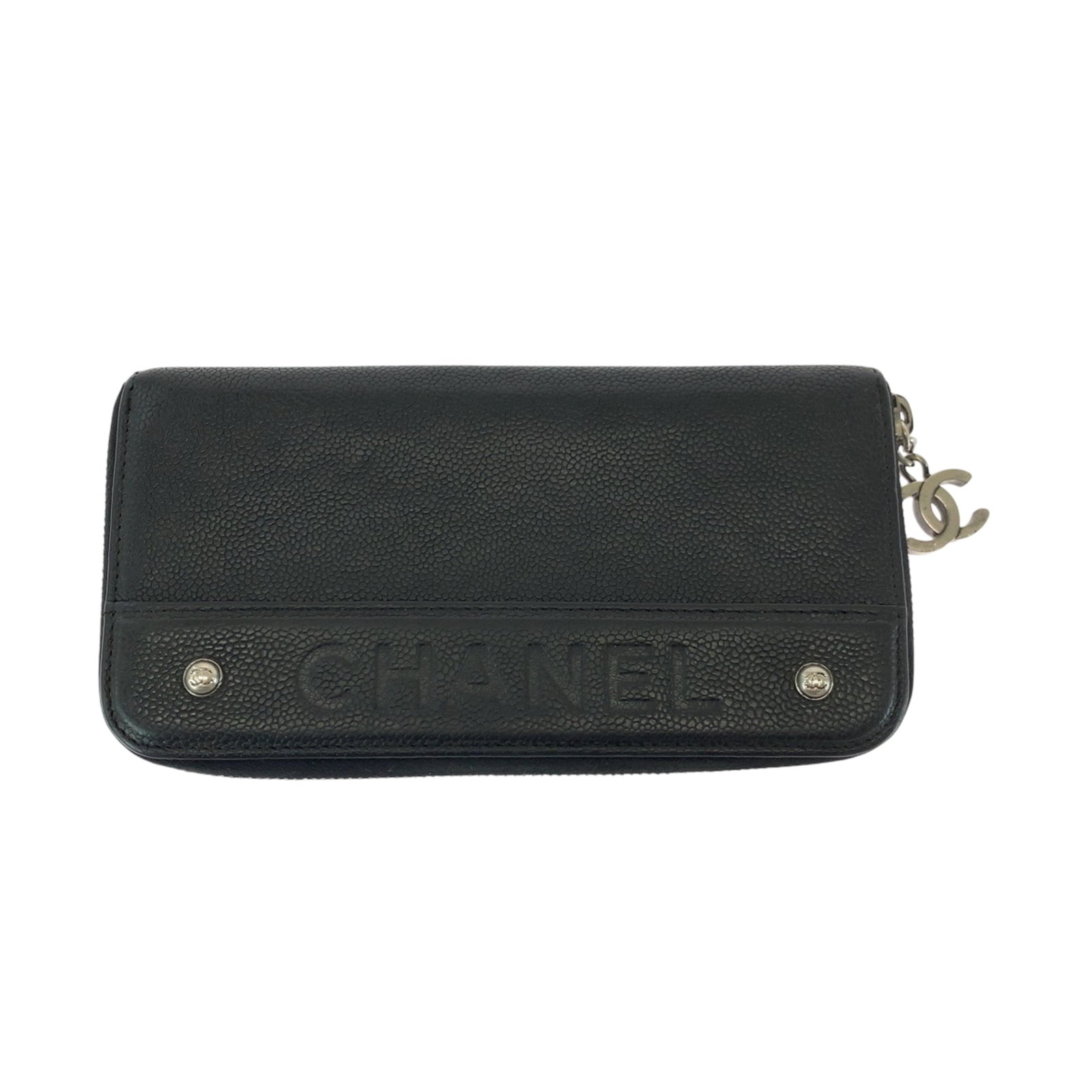 Chanel Long Wallet (Bi-Fold) Grained Calfskin: Chanel Long Wallet (Bi-Fold) Grained Calfskin Black Grained Calfskin Chanel Long Wallet with Bi-Fold Design, featuring classic style and timeless elegance. This pre-owned wallet boasts a sleek black f