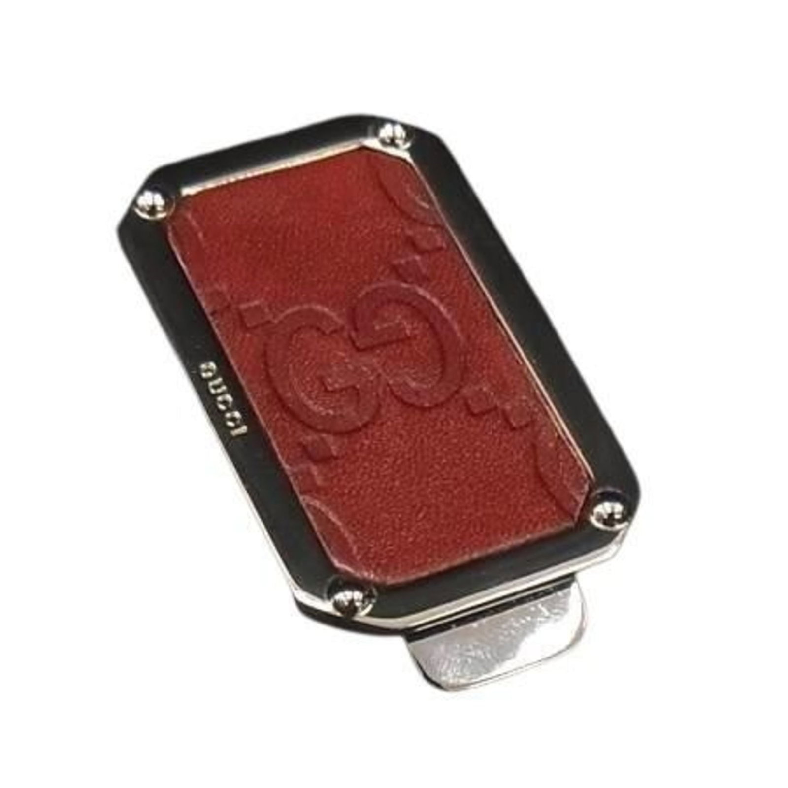 Gucci Money Clip Leather Metal: Gucci Money Clip Leather Metal This Gucci money clip is crafted from high-quality leather and metal, with a distinctive brown and silver color combination. Measuring 3cm x 4.5cm, it features a few tra