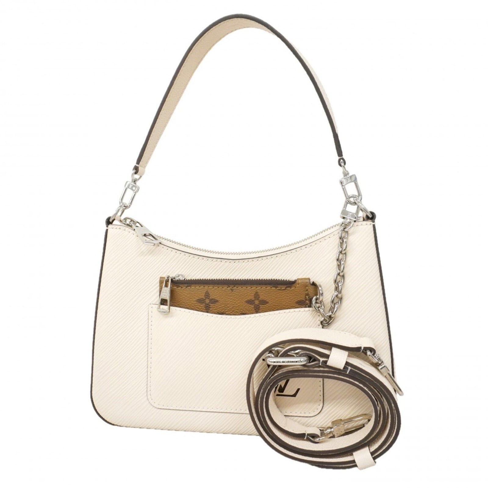 Handbag by Louis Vuitton: Handbag by Louis Vuitton White Louis Vuitton handbag in excellent condition, with some minor scratches and dirt. The bag's classic design and iconic monogram pattern make it a timeless accessory for