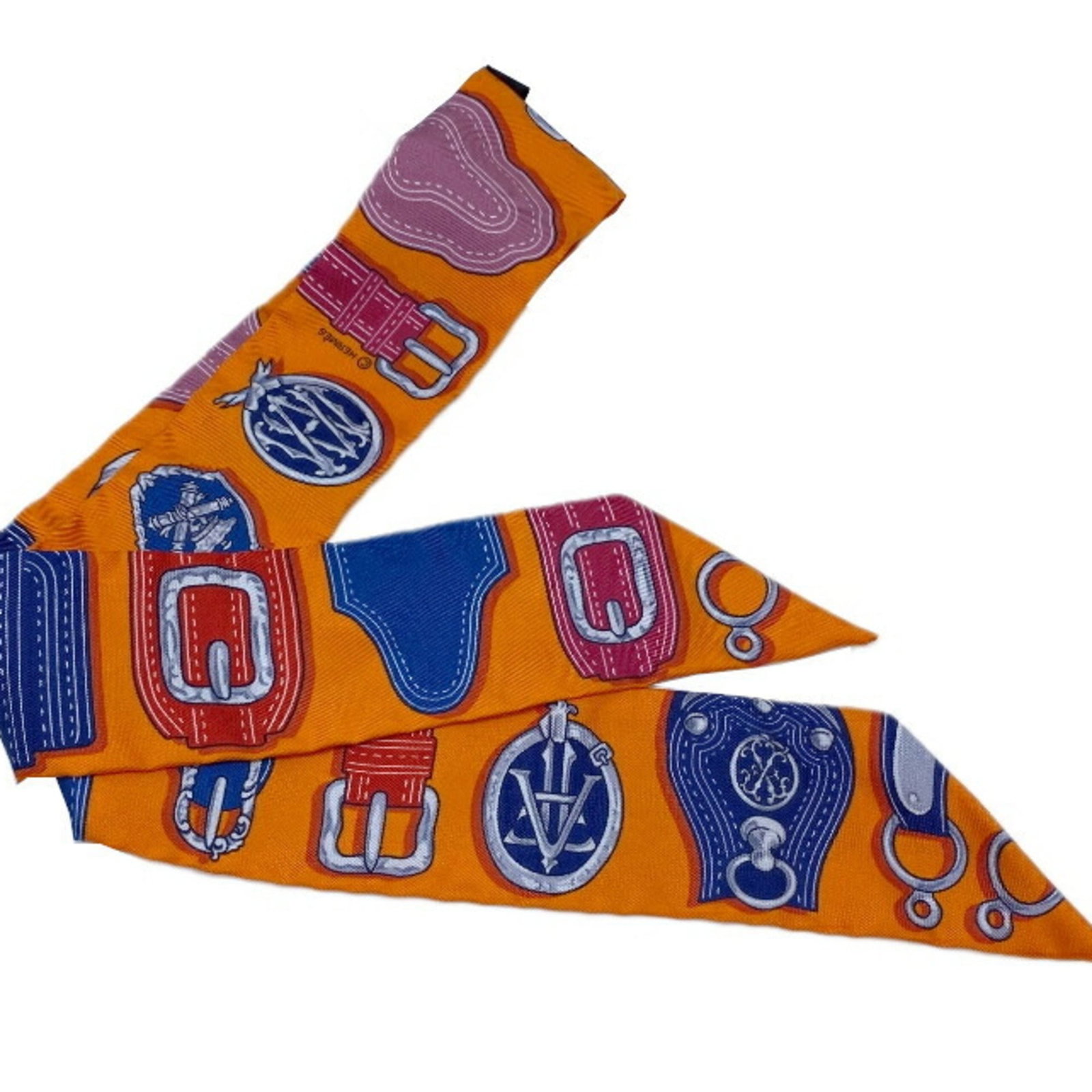 Silk scarf from Hermes: Silk scarf from Hermes Silk scarf from Hermes, featuring vibrant blue, orange, and red hues in a stunning silk design. Made from high-quality silk material, measuring 5cm x 85cm, this scarf boasts a u