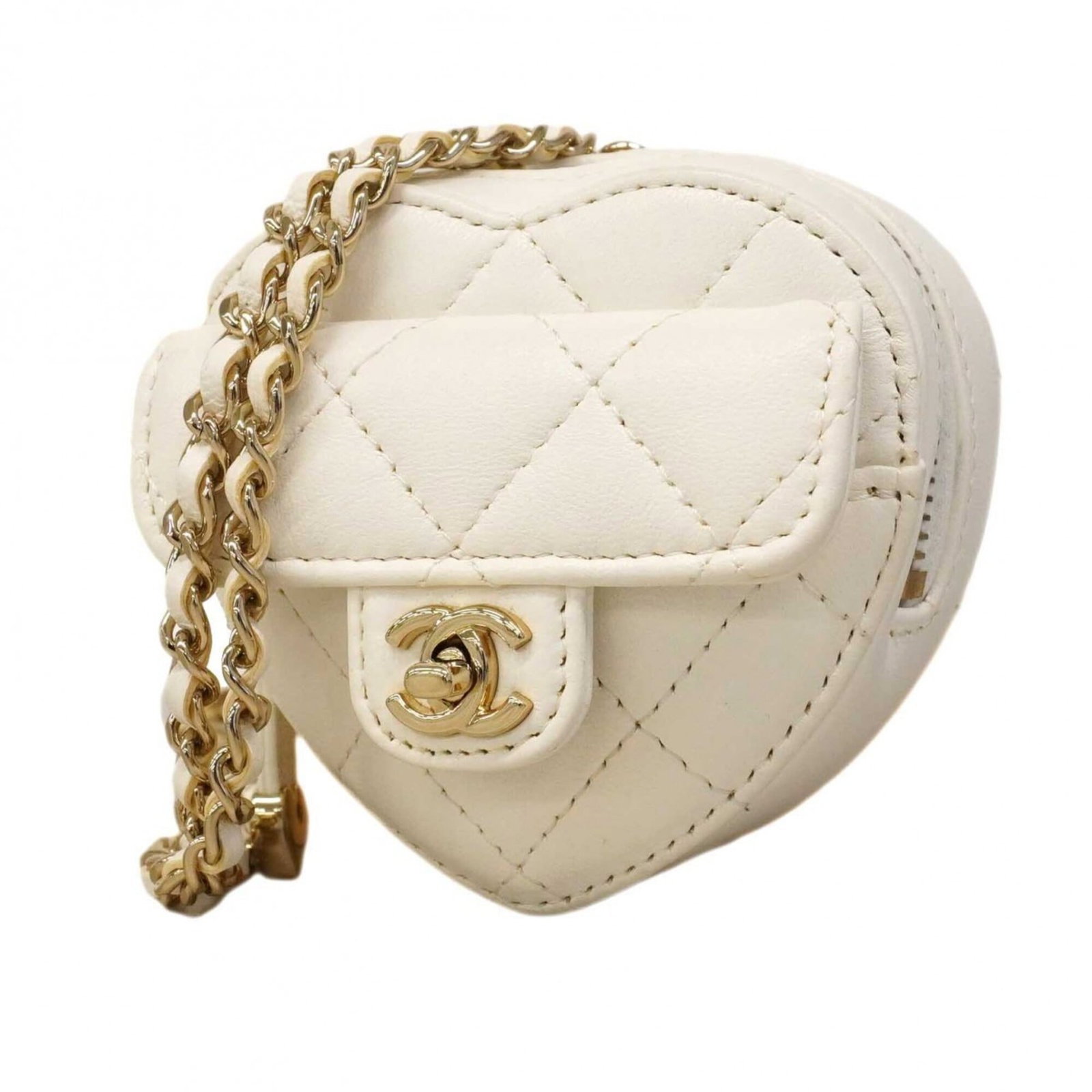 Chanel Leather Pouch: Chanel Leather Pouch Chanel's iconic leather pouch in pristine white lambskin, adorned with champagne gold hardware. This timeless piece boasts a compact design and elegant finish, perfect for adding