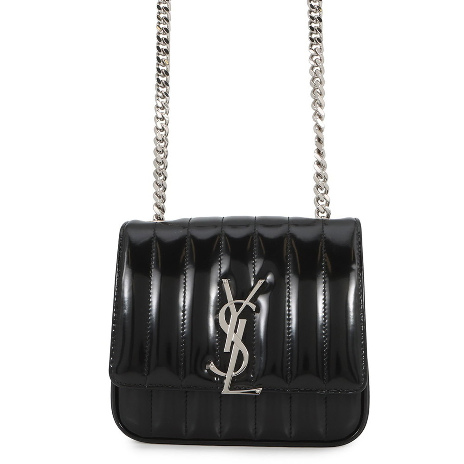 Patent Leather Yves Saint Laurent Shoulder Bag Handbag: Patent Leather Yves Saint Laurent Shoulder Bag Handbag Patent leather Yves Saint Laurent shoulder bag with sleek silver hardware and a classic flap closure. This black, like-new handbag measures 15cm 