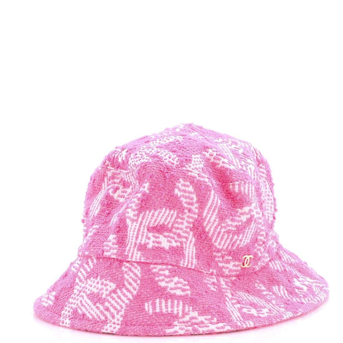 Tweed all over bucket hat with CC print by Chanel: Tweed all over bucket hat with CC print by Chanel Tweed all over bucket hat with CC print by Chanel, featuring pink exterior and black interior. This medium-sized hat boasts an all-over Cc Print Tweed