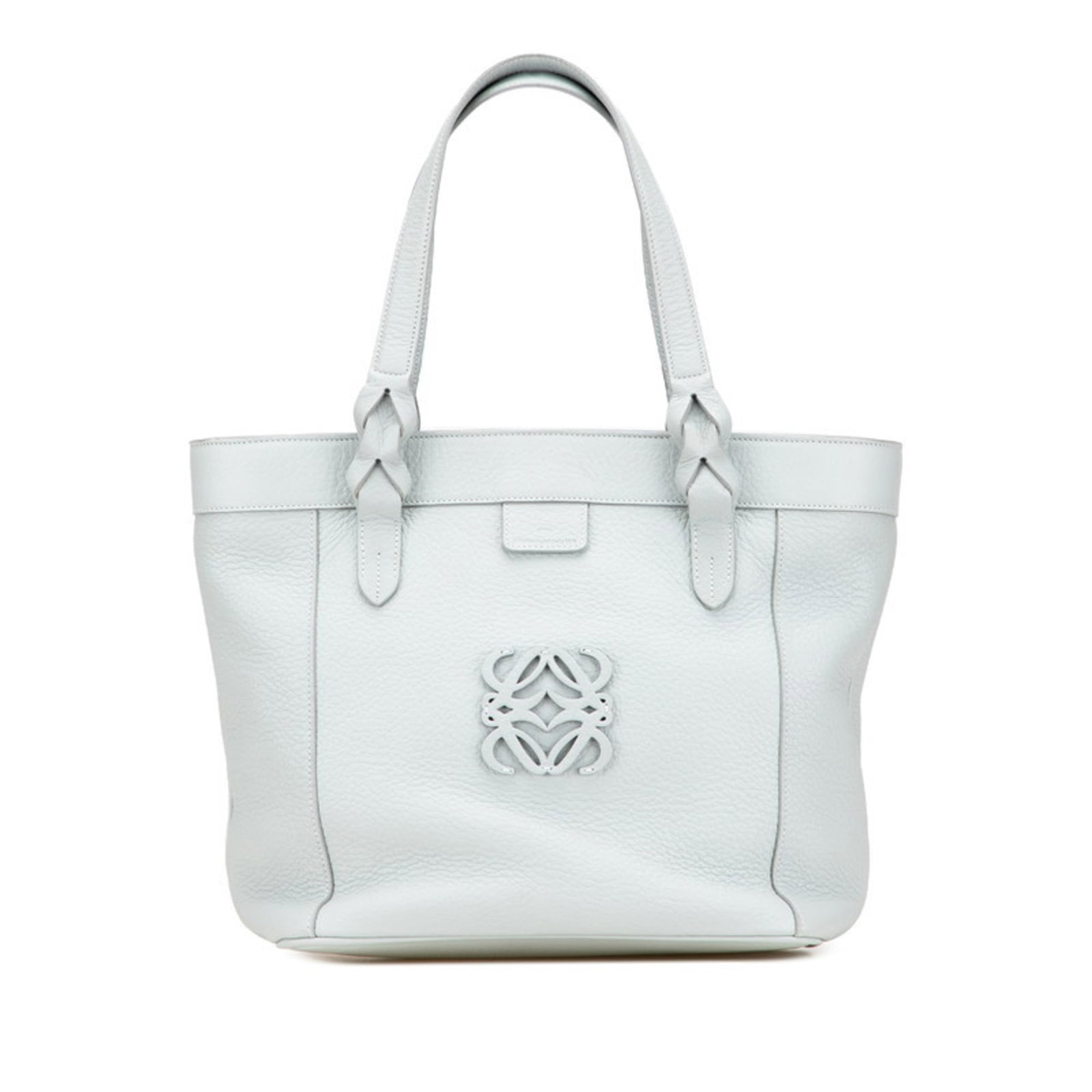 Loewe Handbag Tote Bag Leather: Loewe Handbag Tote Bag Leather Baby blue leather tote bag from Loewe, featuring a classic design with a zipper closure. The bag has traces of usage and minor scratches, but remains in good condition o