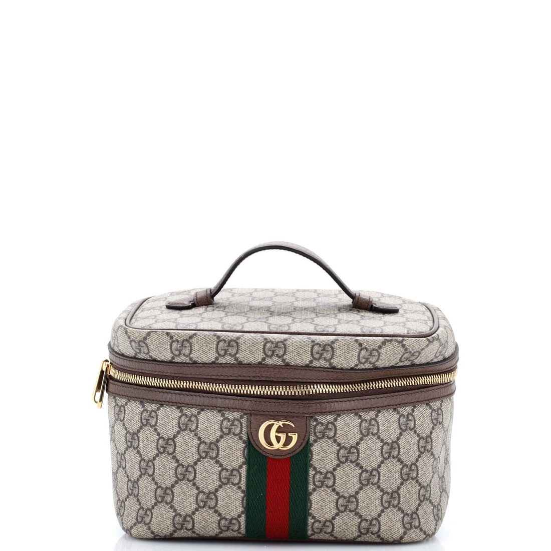 Cosmetic case in small coated canvas top handle GG: Cosmetic case in small coated canvas top handle GG Small Gucci GG Coated Canvas Cosmetic Case in Brown. This small cosmetic case features a classic top handle design and measures 6" tall, 8" wide, and
