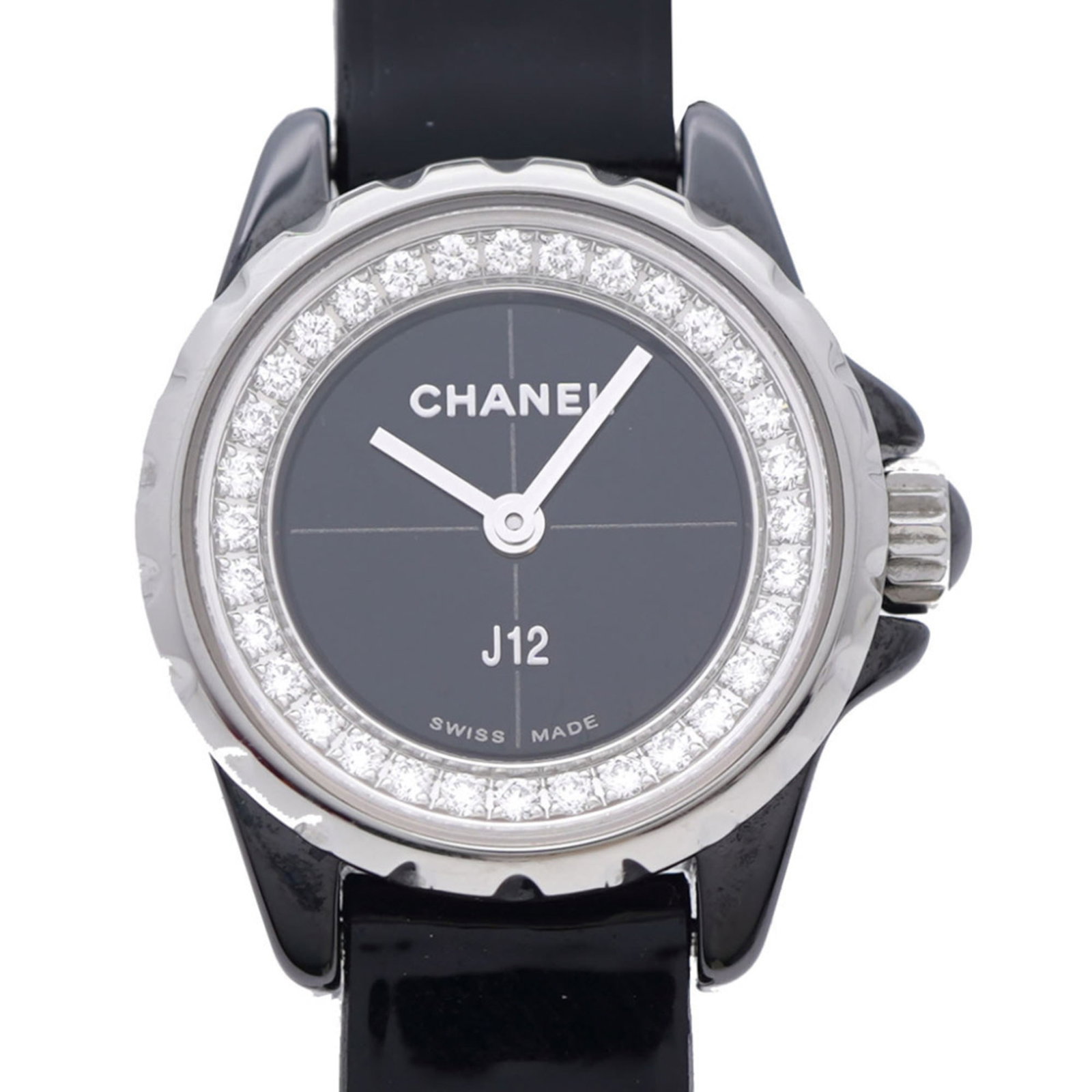 Chanel Wristwatch: Chanel Wristwatch Ceramic case and patent leather strap add an edgy touch to this black Chanel wristwatch, featuring a classic design. The watch measures 19mm in diameter and fits wrists ranging from