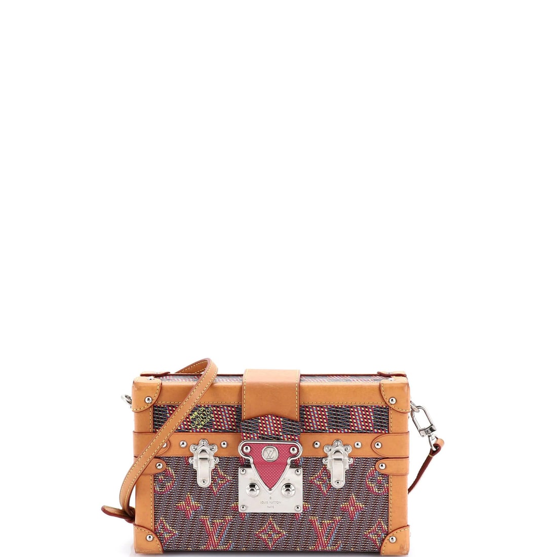 Petite Malle Handbag Damier Monogram LV Pop Canvas: Petite Malle Handbag Damier Monogram LV Pop Canvas The Louis Vuitton Petite Malle Handbag Damier Monogram LV Pop Canvas boasts its iconic Damier print in brown, paired with neutral leather interior an