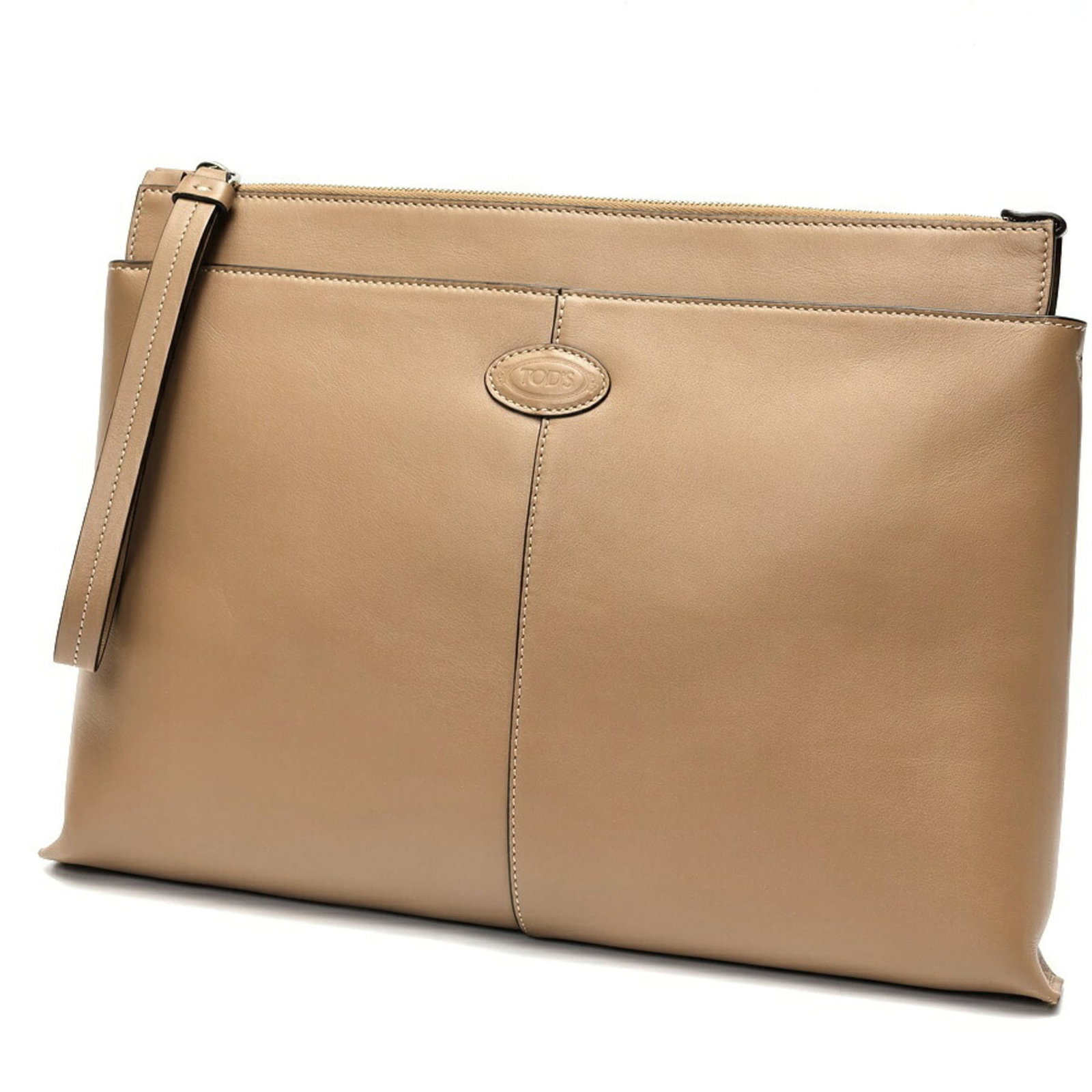 Tod'S Clutch Bag Pouch Leather: Tod'S Clutch Bag Pouch Leather This Tod'S Clutch Bag Pouch Leather features a classic beige color and a timeless design, with a sturdy leather material and precise dimensions. The bag has some minor