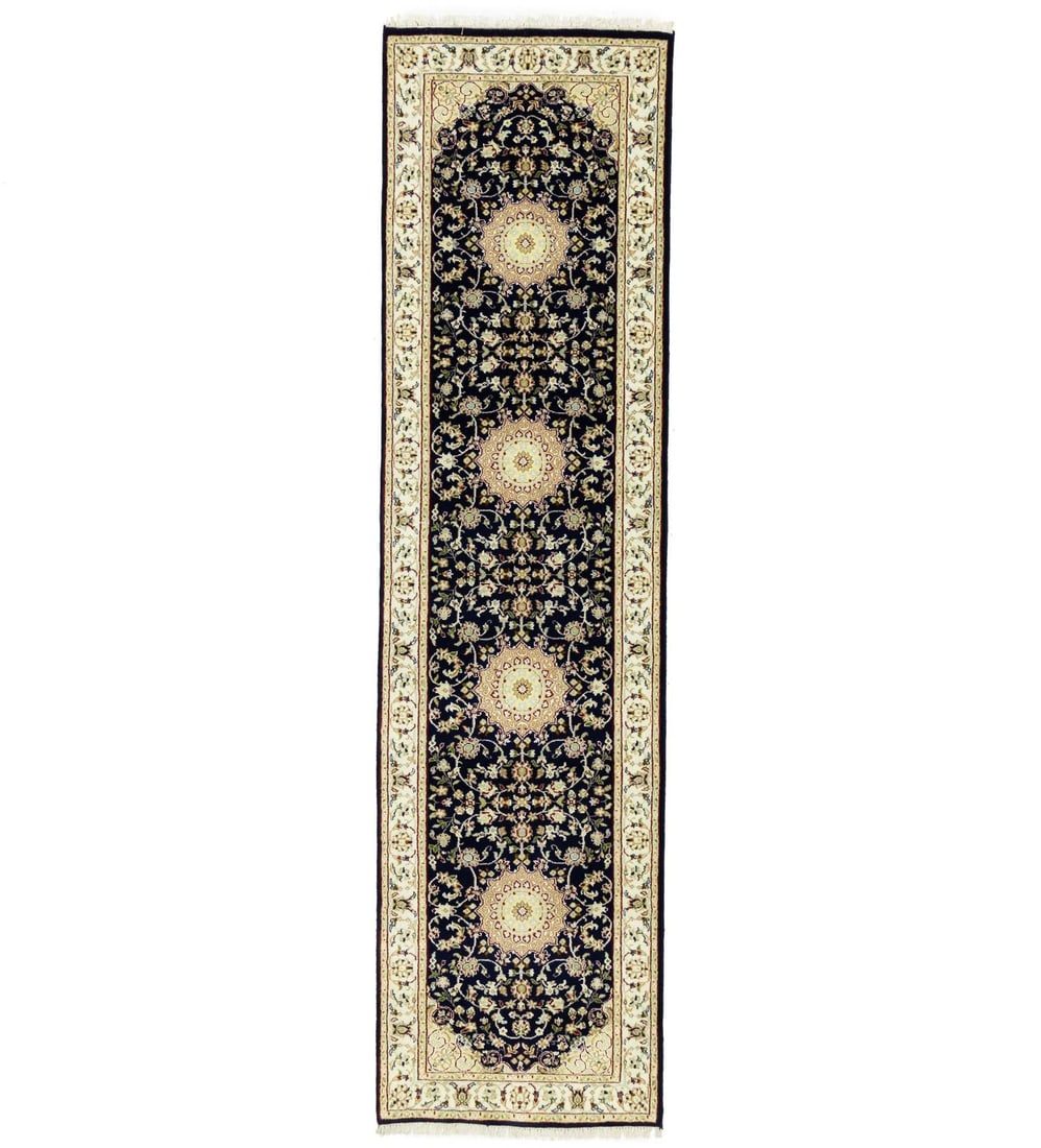 Indo Nain Oriental Runner Rug 3x10 ft Navy Floral Design Hallway Carpet: Indo Nain Oriental Runner Rug 3x10 ft Navy Floral Design Hallway Carpet Hand-knotted with wool and silk, this 3x10 ft Indo Nain Oriental Runner rug boasts a stunning navy floral design. Its normal pil