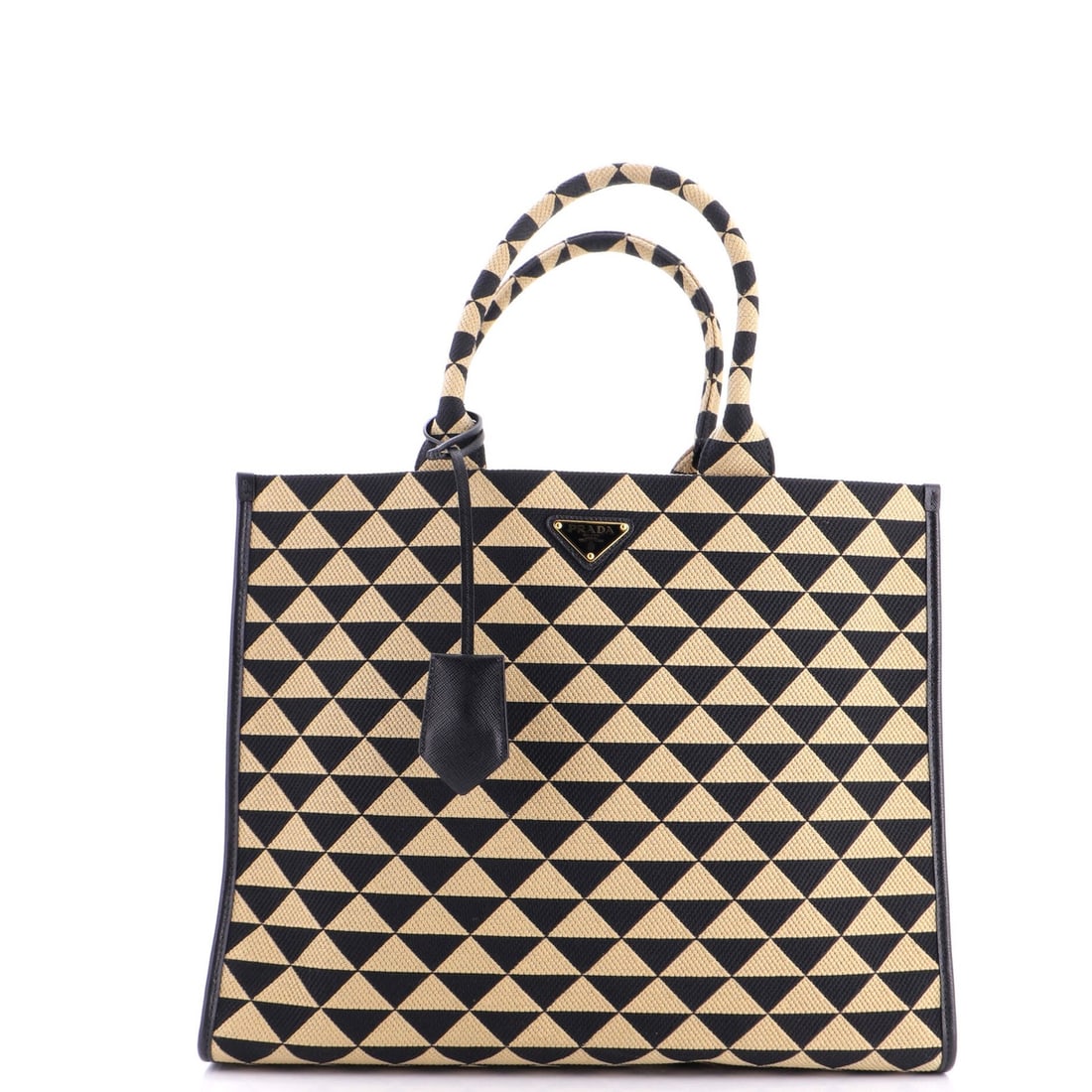 Symbole shopper tote prada large jacquard: Symbole shopper tote prada large jacquard Symbole Shopper Tote in luxurious black jacquard, featuring intricate details and gold hardware. Measuring 12" x 15.5" x 3", this large tote boasts a