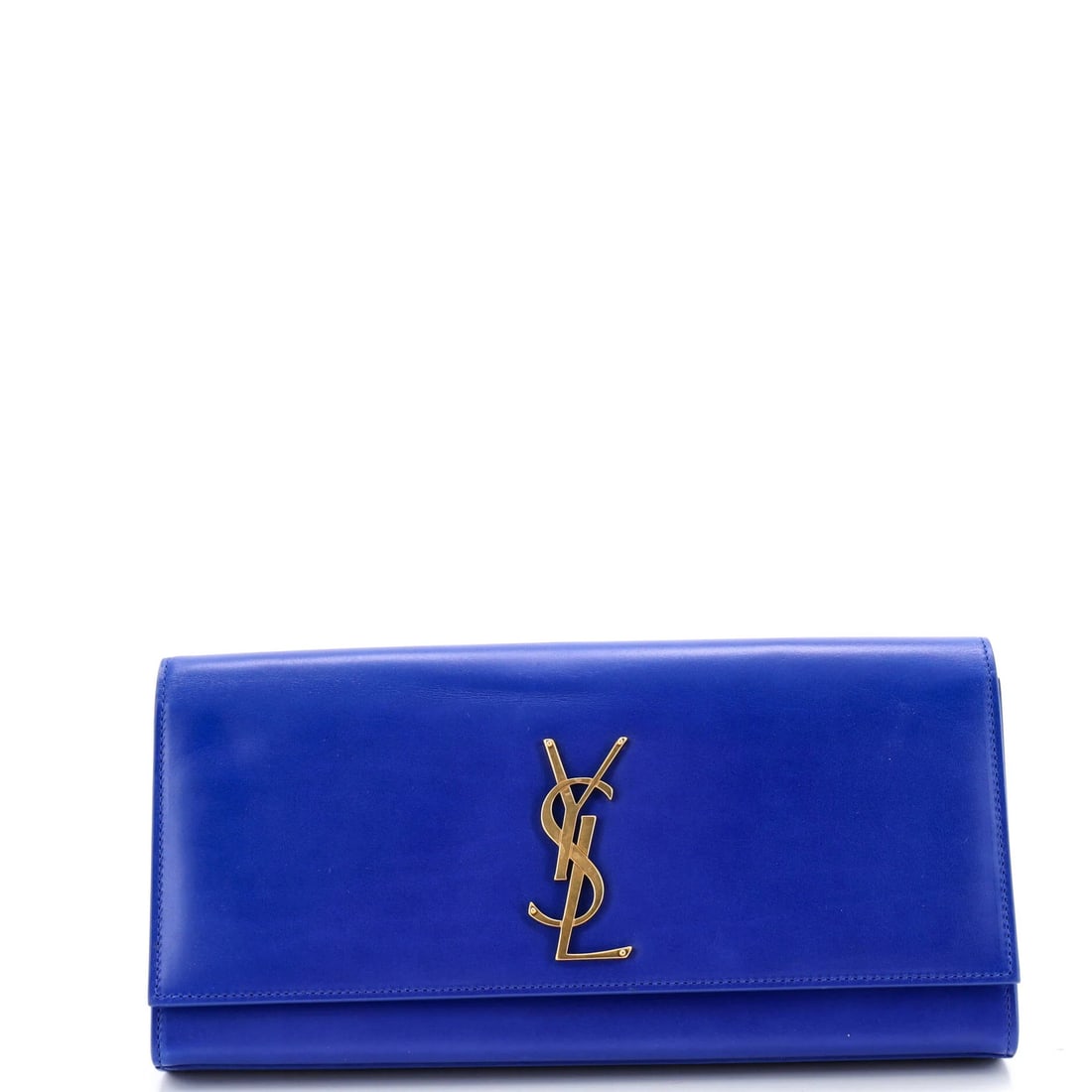 Classic Leather Monogram Clutch Saint Long: Classic Leather Monogram Clutch Saint Long Classic Saint Laurent blue leather long clutch with gold hardware, featuring the iconic monogram design. Measuring 5" tall and 10.5" wide, this stylish