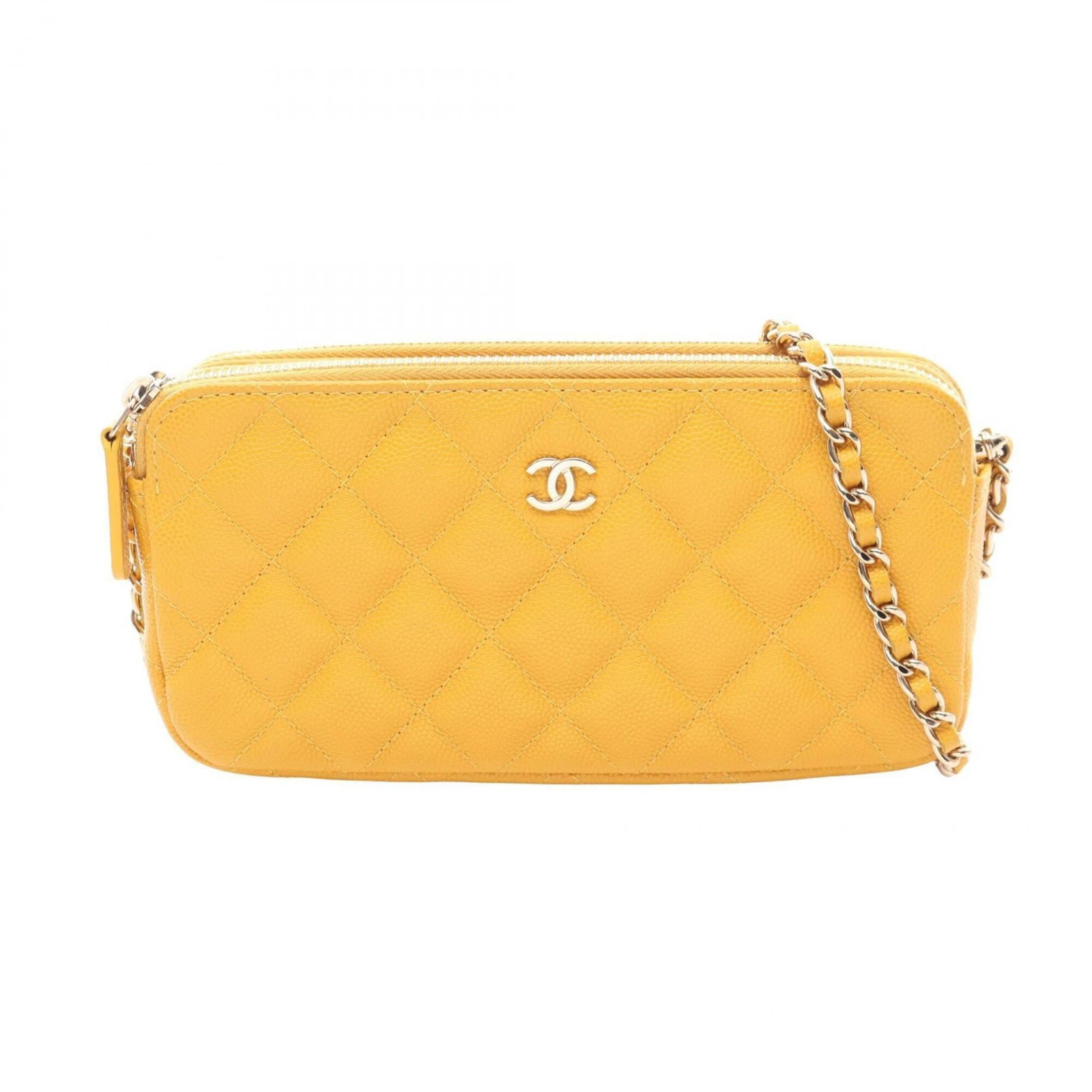 Chanel handbag calfskin shoulder bag: Chanel handbag calfskin shoulder bag Yellow Grained Calfskin Chanel Shoulder Bag, A Few Traces of Usage Visible. This used shoulder bag features grained calfskin material and gold hardware in a bright