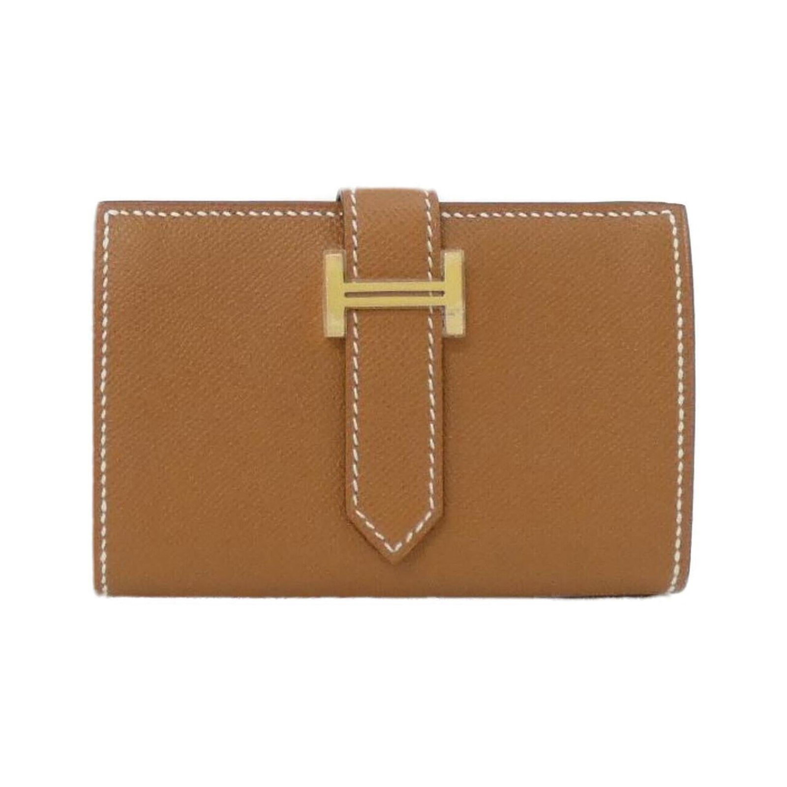 Hermes Wallet (Bi-Fold): Hermes Wallet (Bi-Fold) A stunning gold bi-fold wallet from the renowned French fashion house Hermes, featuring a classic design with a few traces of usage visible. The wallet's condition shows some