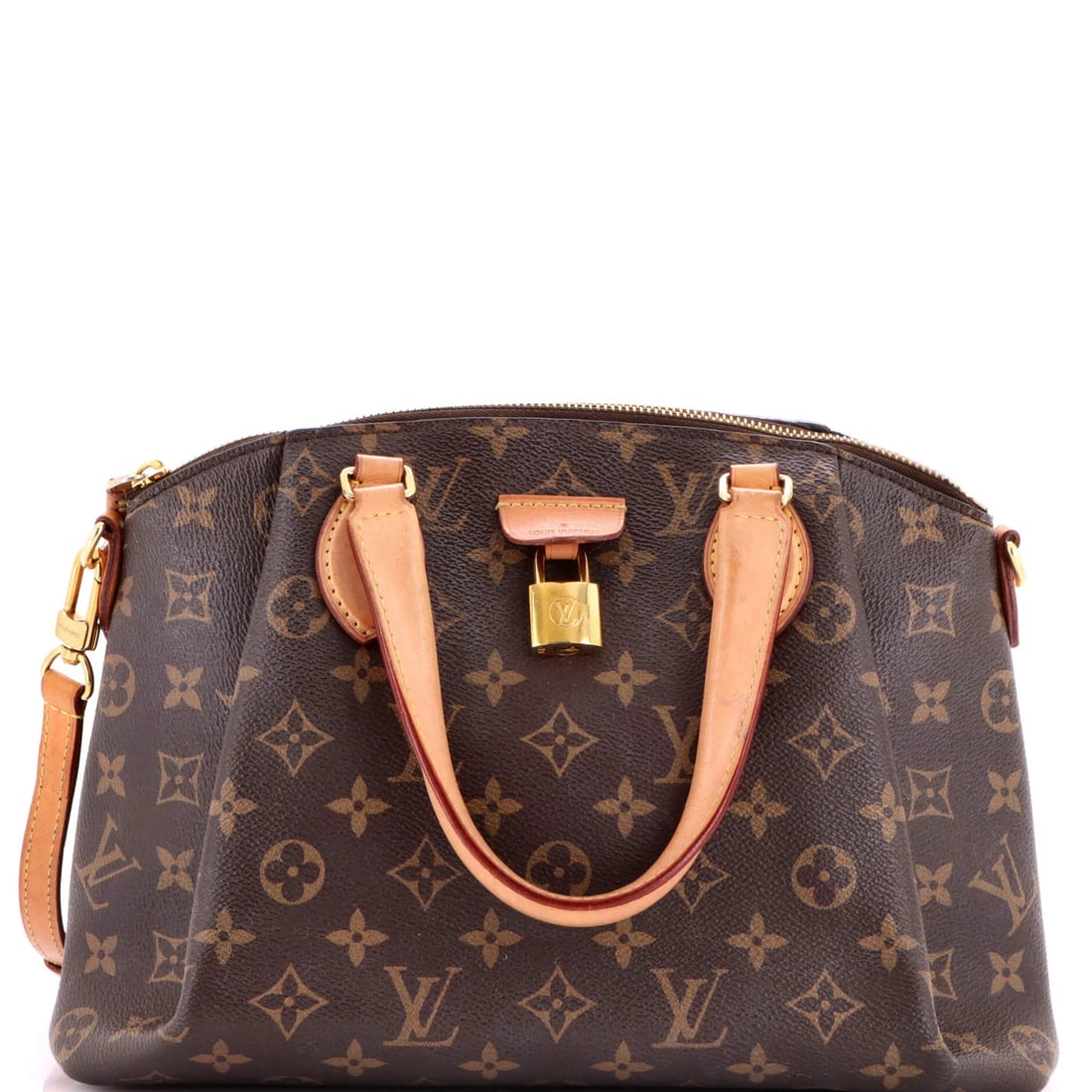 Handbag Monogram Rivoli Canvas Vuitton Louis PM: Handbag Monogram Rivoli Canvas Vuitton Louis PM Brown canvas coated Louis Vuitton Rivoli handbag with monogram PM design, featuring gold hardware and red interior. The bag has a classic satchel style 