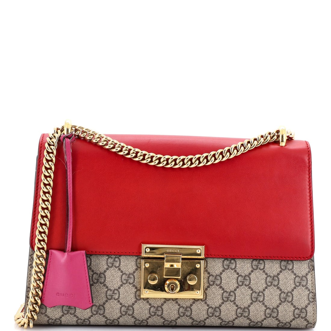 Gucci Padlock Shoulder Bag GG Coated Canvas Leather Medium: Gucci Padlock Shoulder Bag GG Coated Canvas Leather Medium Red Gucci Padlock Shoulder Bag in Medium Size, featuring GG Coated Canvas and Leather construction. The bag boasts a classic design with a