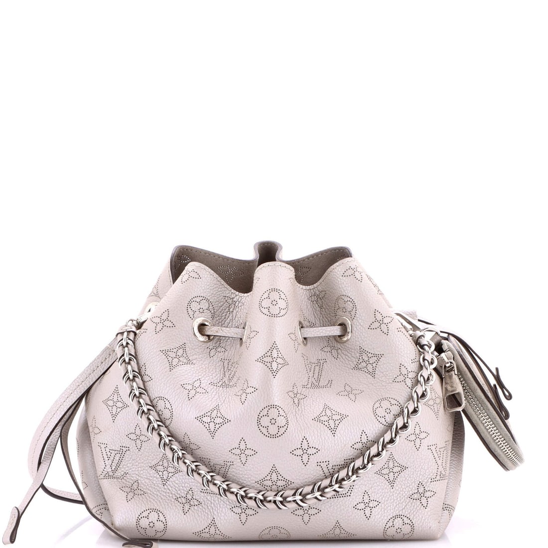 Mahina Leather Vuitton Bella Bag Bucket: Mahina Leather Vuitton Bella Bag Bucket The Mahina Leather Vuitton Bella Bag Bucket boasts a sleek, gray exterior with subtle edge wear and minor scuffs. This stylish bucket bag features an extra