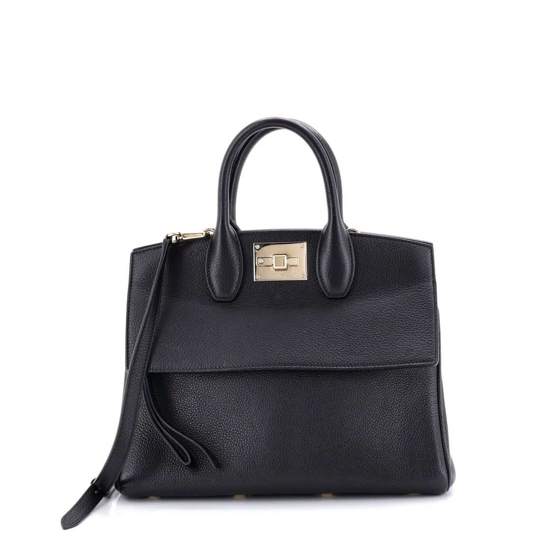 Small leather satchel from Salvatore Ferragamo Studio: Small leather satchel from Salvatore Ferragamo Studio Small leather satchel from Salvatore Ferragamo Studio, featuring black exterior leather and gold tone hardware. This classic small satchel