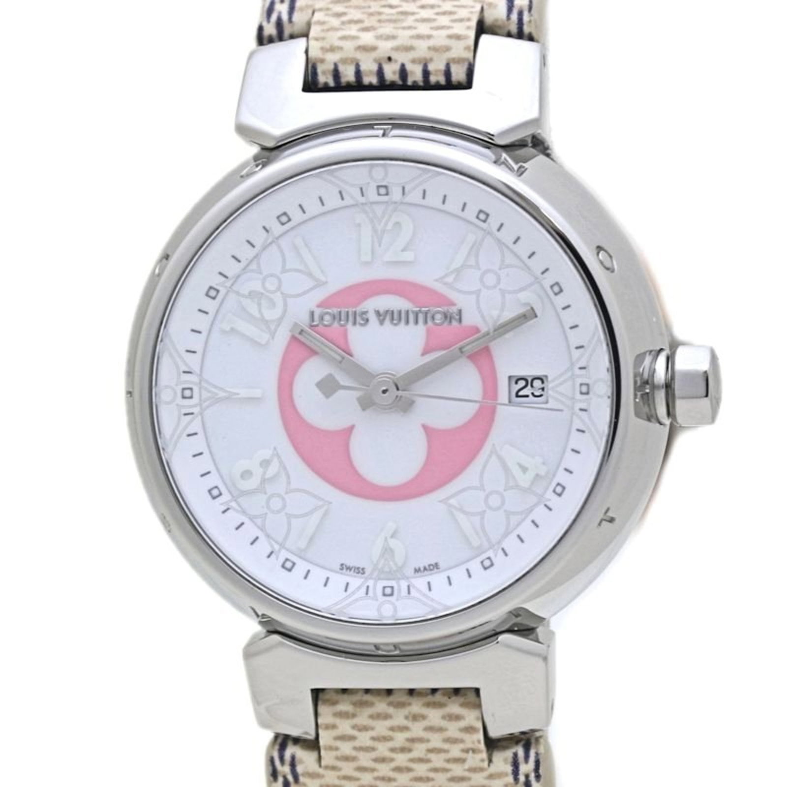 Louis Vuitton Wristwatch: Louis Vuitton Wristwatch Stainless steel case and canvas band make for a unique combination in this Louis Vuitton wristwatch. The white dial stands out against the metal, adding to the watch's