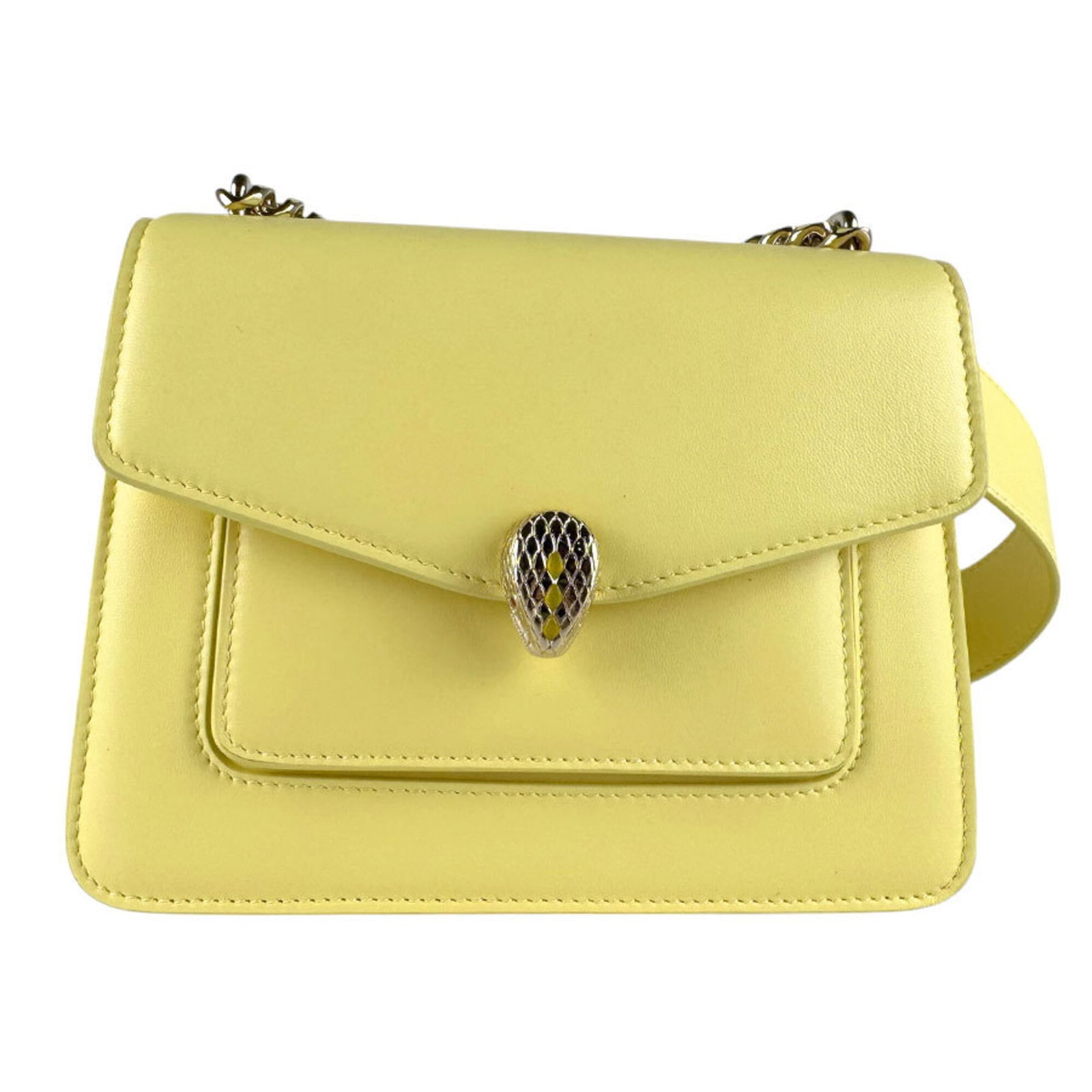Bvlgari Leather Shoulder Bag: Bvlgari Leather Shoulder Bag Bvlgari Leather Shoulder Bag, a stylish and timeless accessory in yellow leather. Measuring 16cm x 19cm x 8cm, it features a classic shoulder bag design with a few traces