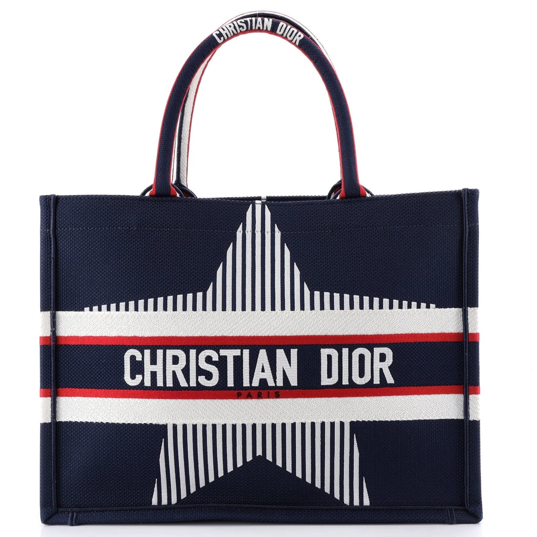 Dior Canvas Embroidered Book Medium Tote Christian: Dior Canvas Embroidered Book Medium Tote Christian The Dior Canvas Embroidered Book Medium Tote Christian boasts a striking blue canvas exterior with elegant embroidery, making it a stylish and
