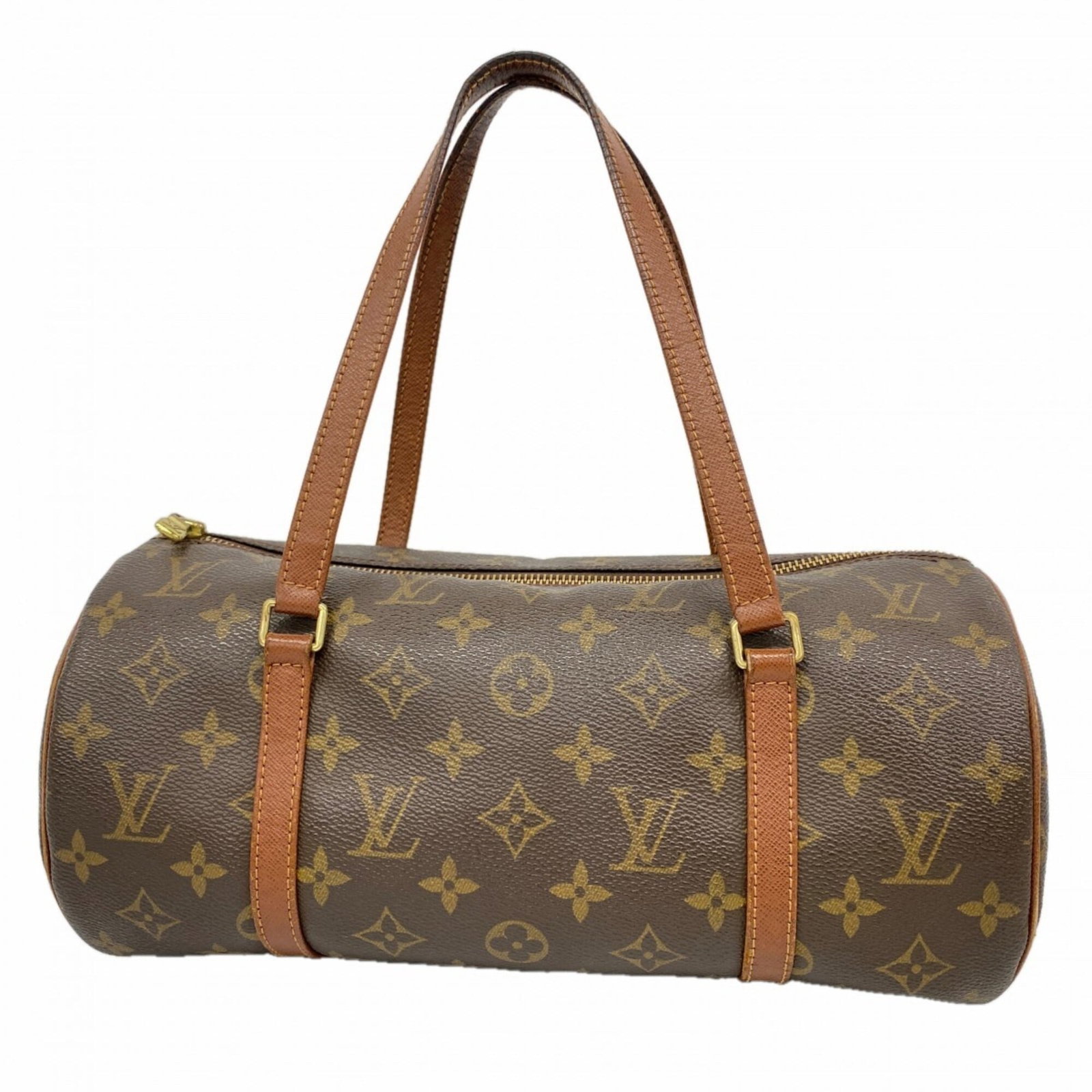 Handbag by Louis Vuitton: Handbag by Louis Vuitton Brown Louis Vuitton handbag with visible scratches and dirt, measuring 14.5cm x 30cm x 14.5cm. The bag bears a signature but details on the origin are unknown. Used condition 