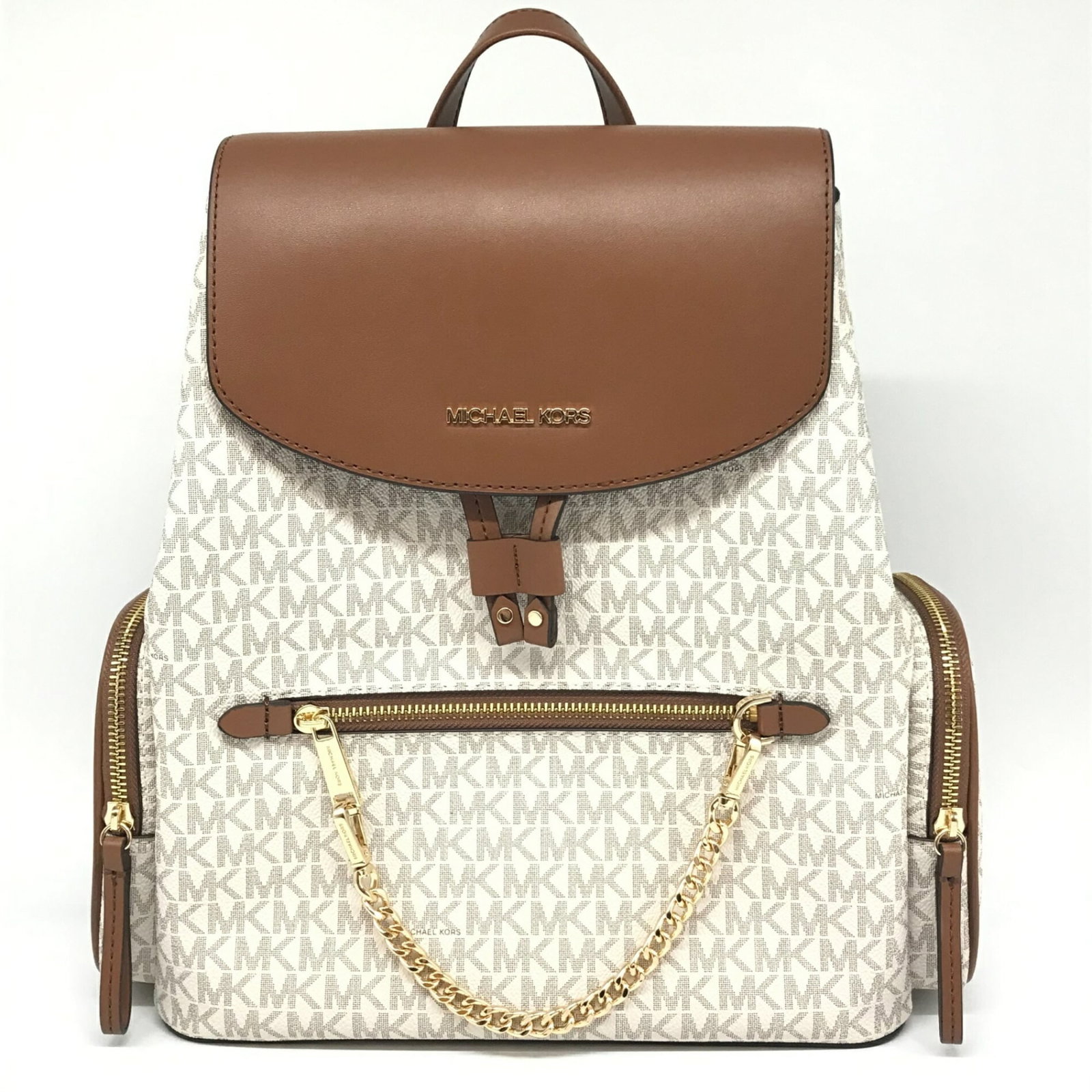 Kors Backpack Pvc: Kors Backpack Pvc Brown and Ivory Kors Backpack Pvc. Made from durable PVC material, this Michael Kors backpack features a classic design with a brown and ivory color combination. With its compact siz