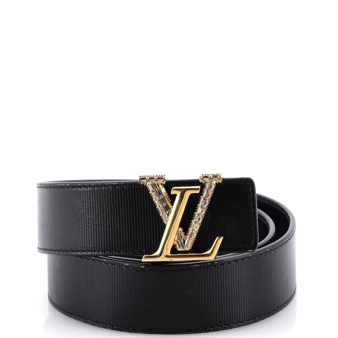 Louis Vuitton LV Initiales Belt Leather with Metal and Crystals Thin: Louis Vuitton LV Initiales Belt Leather with Metal and Crystals Thin Black Louis Vuitton LV Initiales Belt Leather with Metal and Crystals Thin features crystal, leather, and gold hardware. This belt