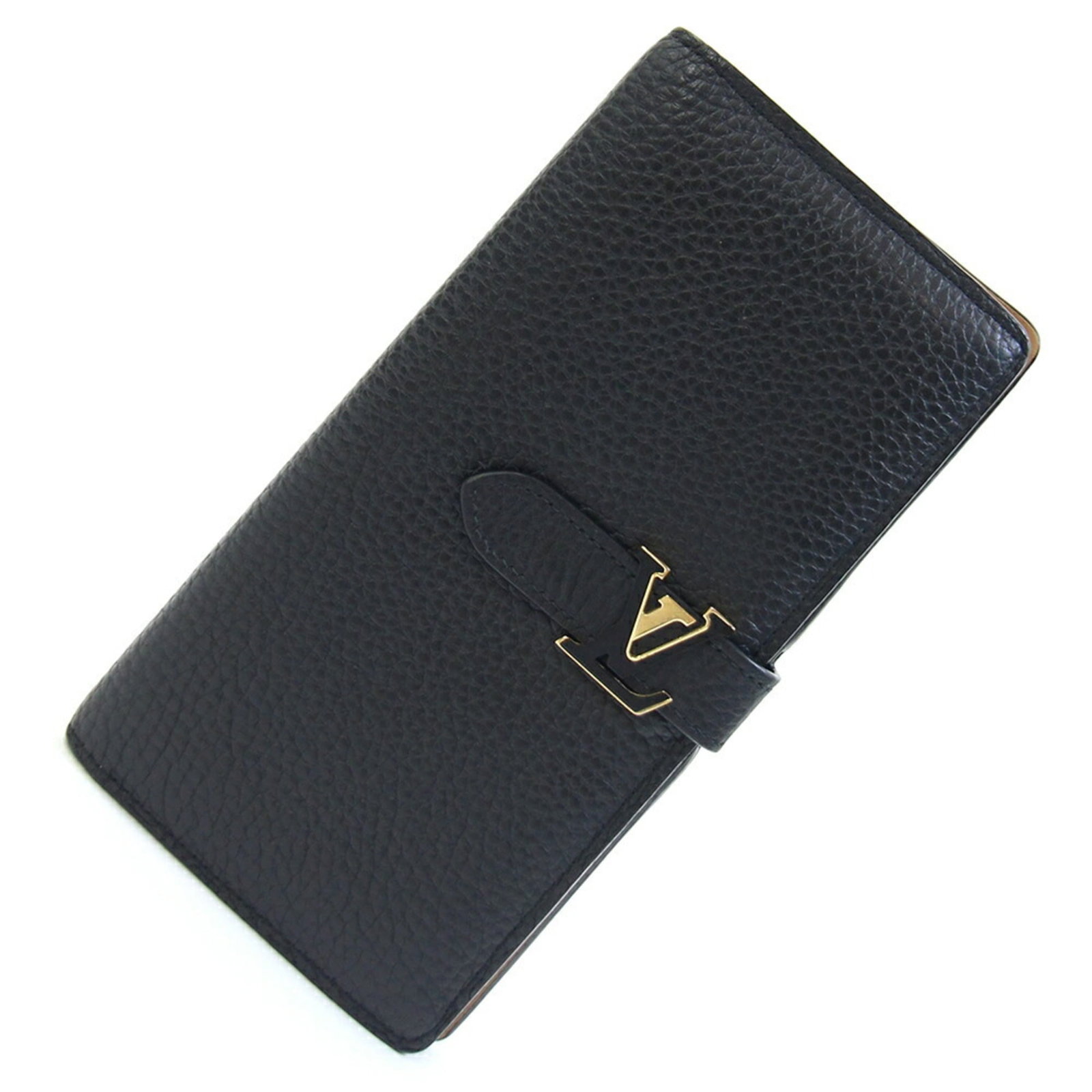 Long Wallet Leather Bi Fold Louis Vuitton: Long Wallet Leather Bi Fold Louis Vuitton Authentic Louis Vuitton long wallet in Noir leather, featuring a bi-fold design with classic style. The item has visible traces of usage and minor scratches,
