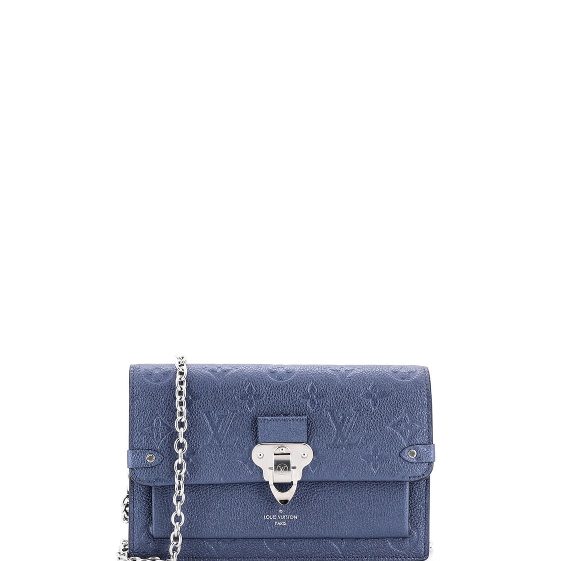 Louis Vuitton Vavin Chain Wallet NM Monogram Empreinte Leather: Louis Vuitton Vavin Chain Wallet NM Monogram Empreinte Leather The Louis Vuitton Vavin Chain Wallet NM Monogram Empreinte Leather features a striking blue exterior with scuffs, cracking, edge wear, an