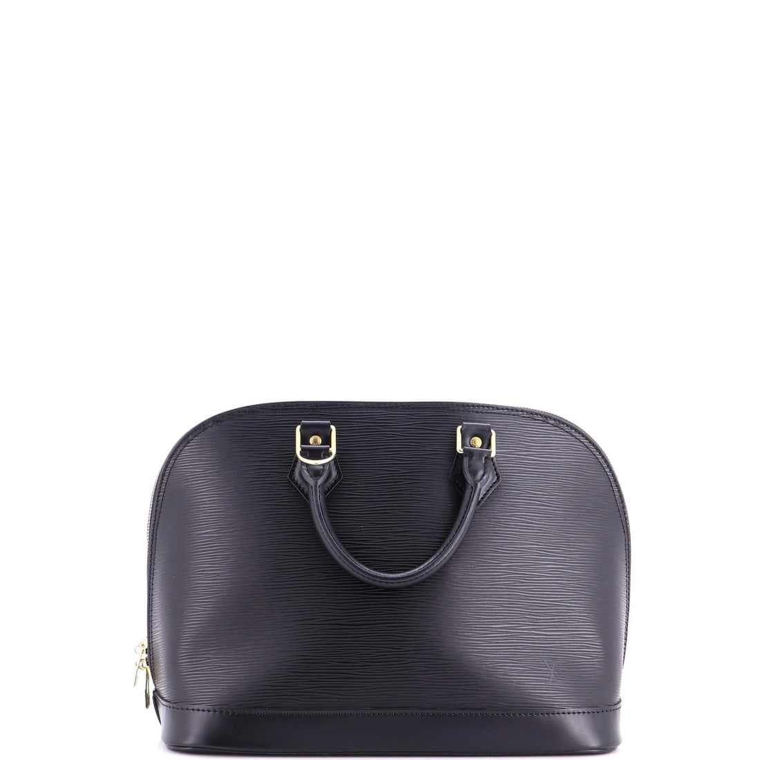 Louis Vuitton Vintage Alma Epi Leather Handbag: Louis Vuitton Vintage Alma Epi Leather Handbag Black Epi Leather Louis Vuitton Vintage Alma Satchel with gold hardware, measuring 10" tall and 12" wide. Minor scuffs and creases on the exterior,