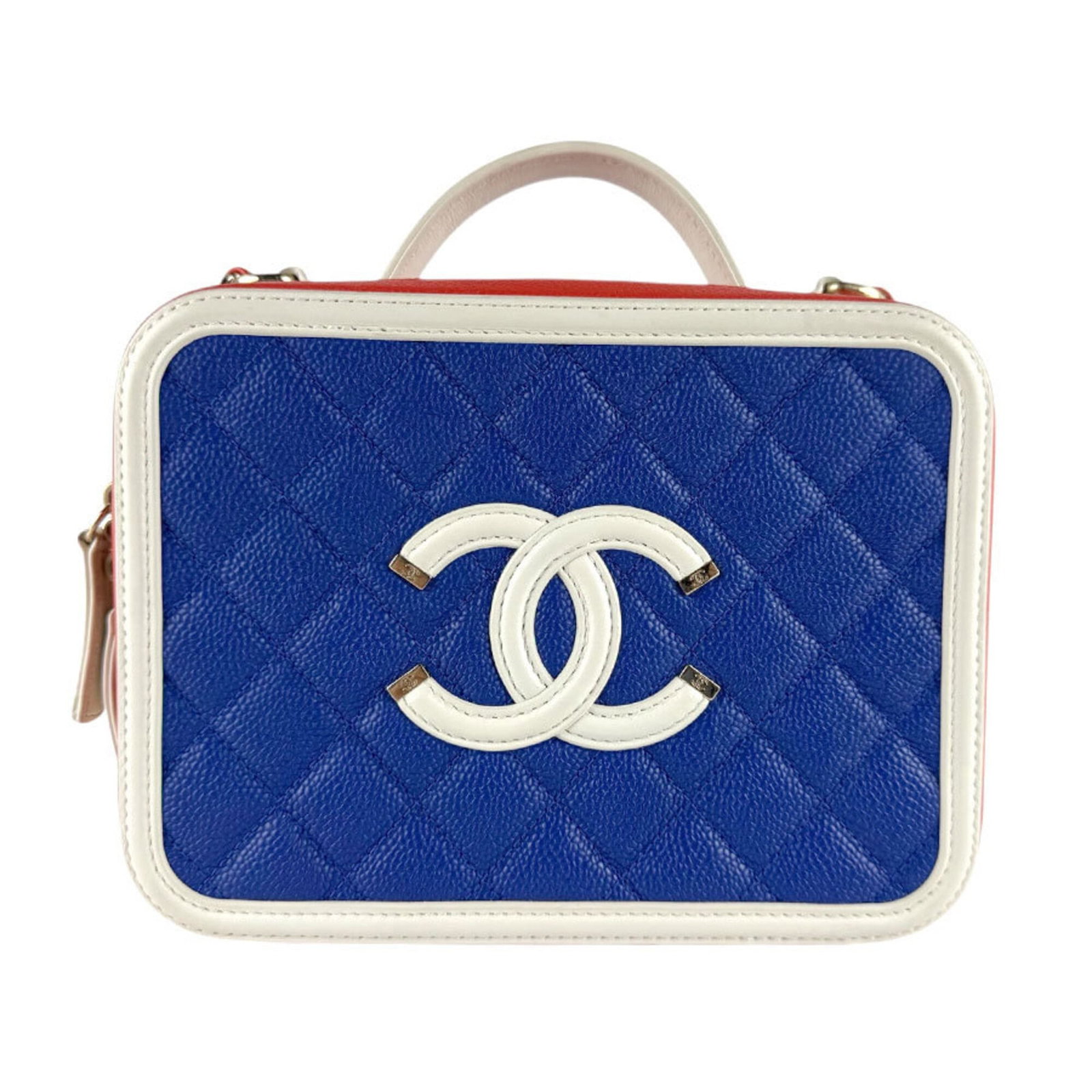 Chanel Shoulder Bag Grained Calfskin: Chanel Shoulder Bag Grained Calfskin Chanel Shoulder Bag Grained Calfskin features a classic design with a blue, red color and white accents. Made from high-quality grained calfskin, the bag has a