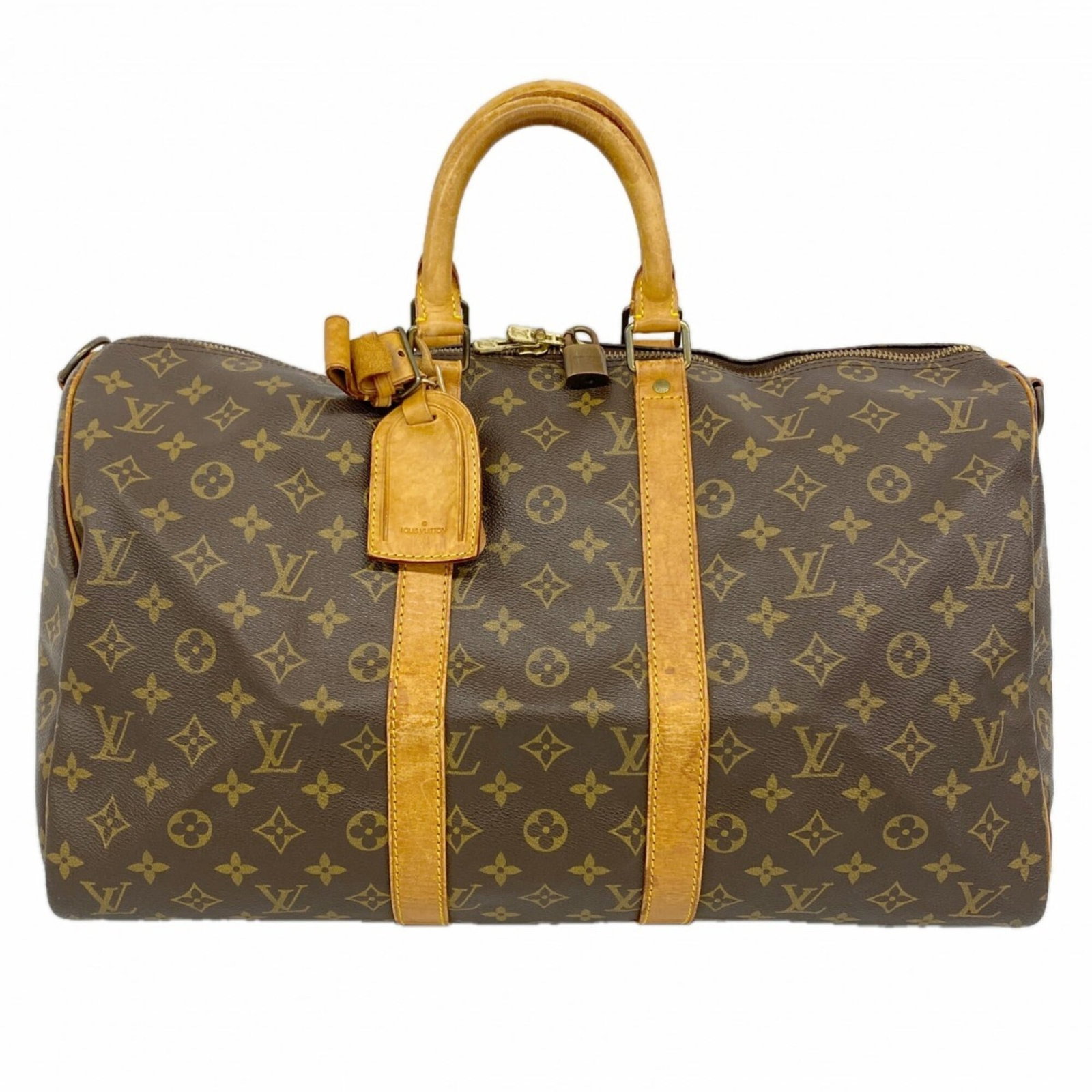 Boston Bag by Louis Vuitton: Boston Bag by Louis Vuitton The Louis Vuitton Boston Bag boasts a rich, brown leather exterior with subtle signs of wear, giving it a well-loved and timeless appearance. Measuring 26.5cm x 45cm x 20.5