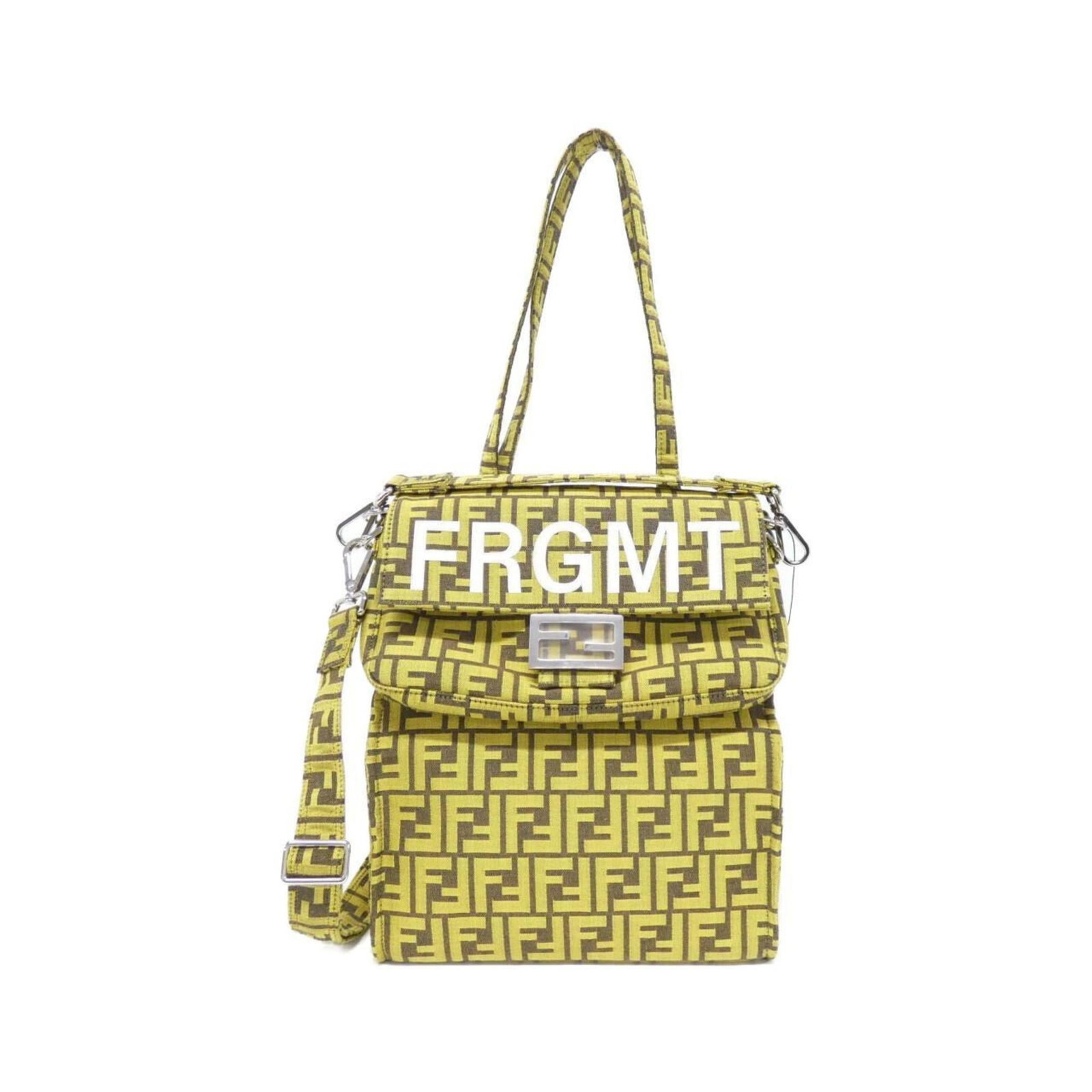 Fendi handbag canvas: Fendi handbag canvas Yellow Fendi canvas handbag with silver hardware, featuring a classic design and subtle wear from previous use. The bag's canvas material has developed some scratches and dirt, bu