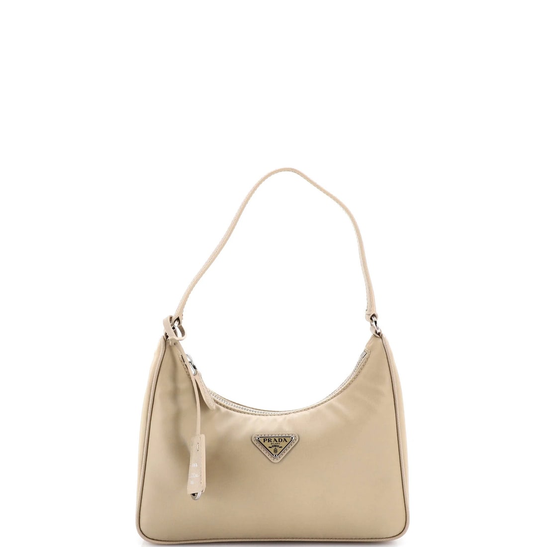 Saffiano leather hobo with tessuto from Prada Re Edition 2005: Saffiano leather hobo with tessuto from Prada Re Edition 2005 Saffiano leather and tessuto Prada Re Edition 2005 hobo with neutral exterior color, featuring minor scuffs, edge wear, and