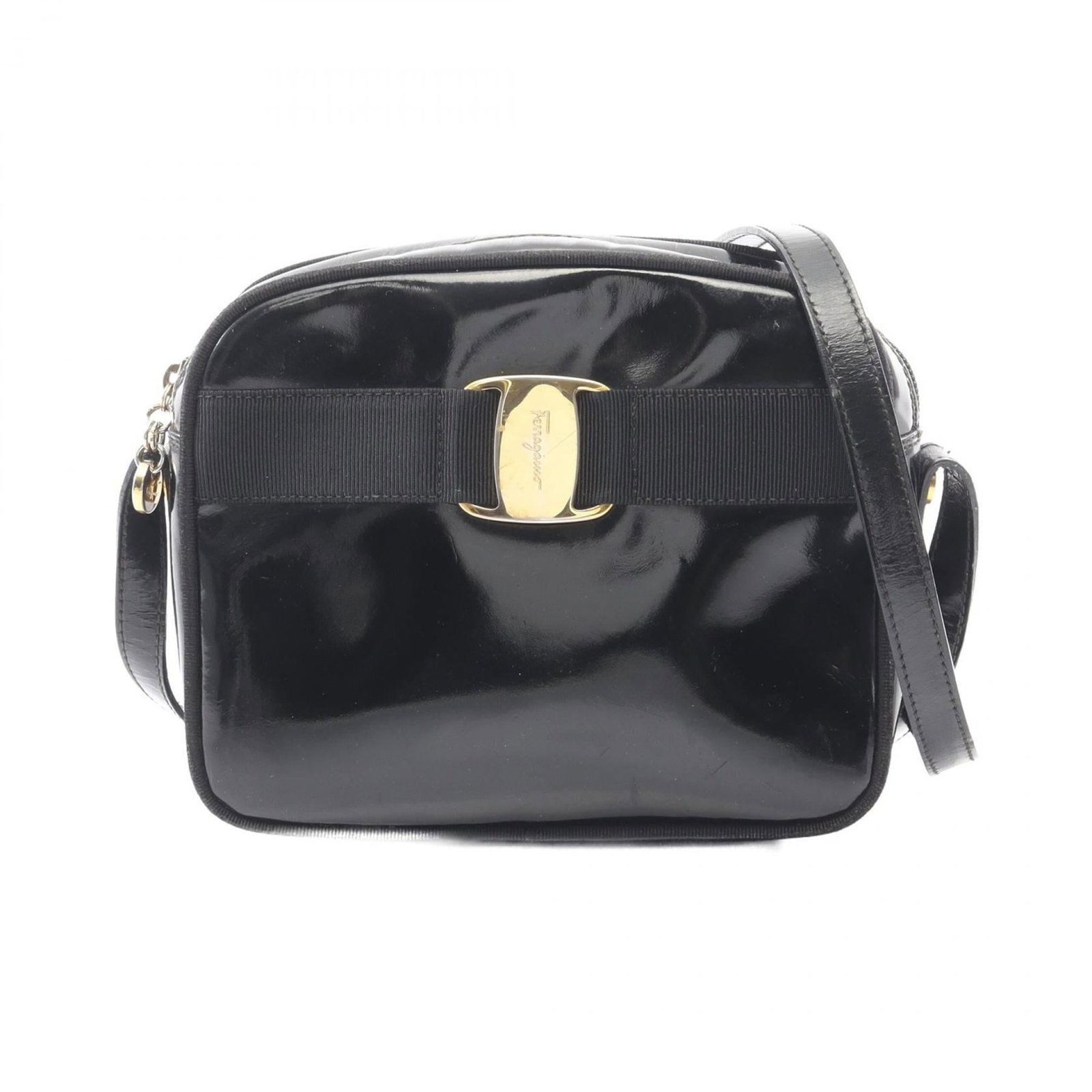 Patent leather shoulder bag by Salvatore Ferragamo: Patent leather shoulder bag by Salvatore Ferragamo Patent leather shoulder bag by Salvatore Ferragamo, featuring classic design and sleek black finish. The bag measures 16cm x 19cm x 7cm and shows