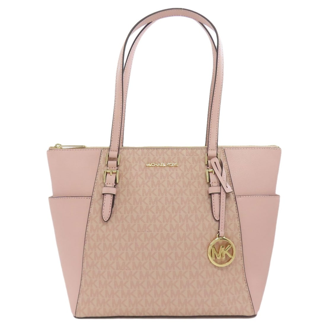 Mk Signature Michael Tote Bag Pvc: Mk Signature Michael Tote Bag Pvc Pink PVC Michael Kors Signature Tote Bag. Made from durable PVC, this stylish tote bag boasts a vibrant pink exterior color. The signature mark on the bag adds a