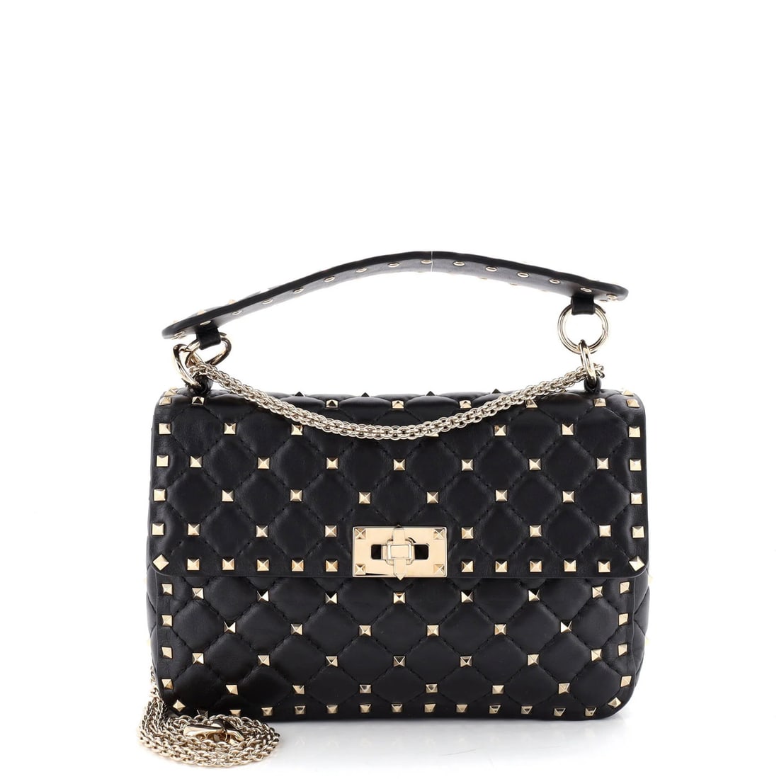 Quilted Leather Spike Flap Bag Rockstud Medium Valentino Garavani: Quilted Leather Spike Flap Bag Rockstud Medium Valentino Garavani Black Rockstud Spike Flap Bag with Quilted Leather Medium, featuring a cross body design and gold tone hardware. This medium-sized bag