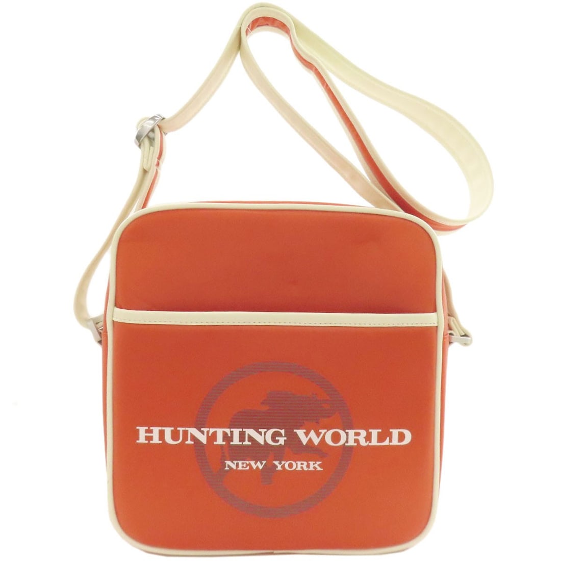Nylon Logo World Hunting Bag Shoulder: Nylon Logo World Hunting Bag Shoulder The Nylon Logo World Hunting Bag Shoulder boasts a vibrant orange exterior made from durable nylon material, featuring a prominent logo. This shoulder bag's