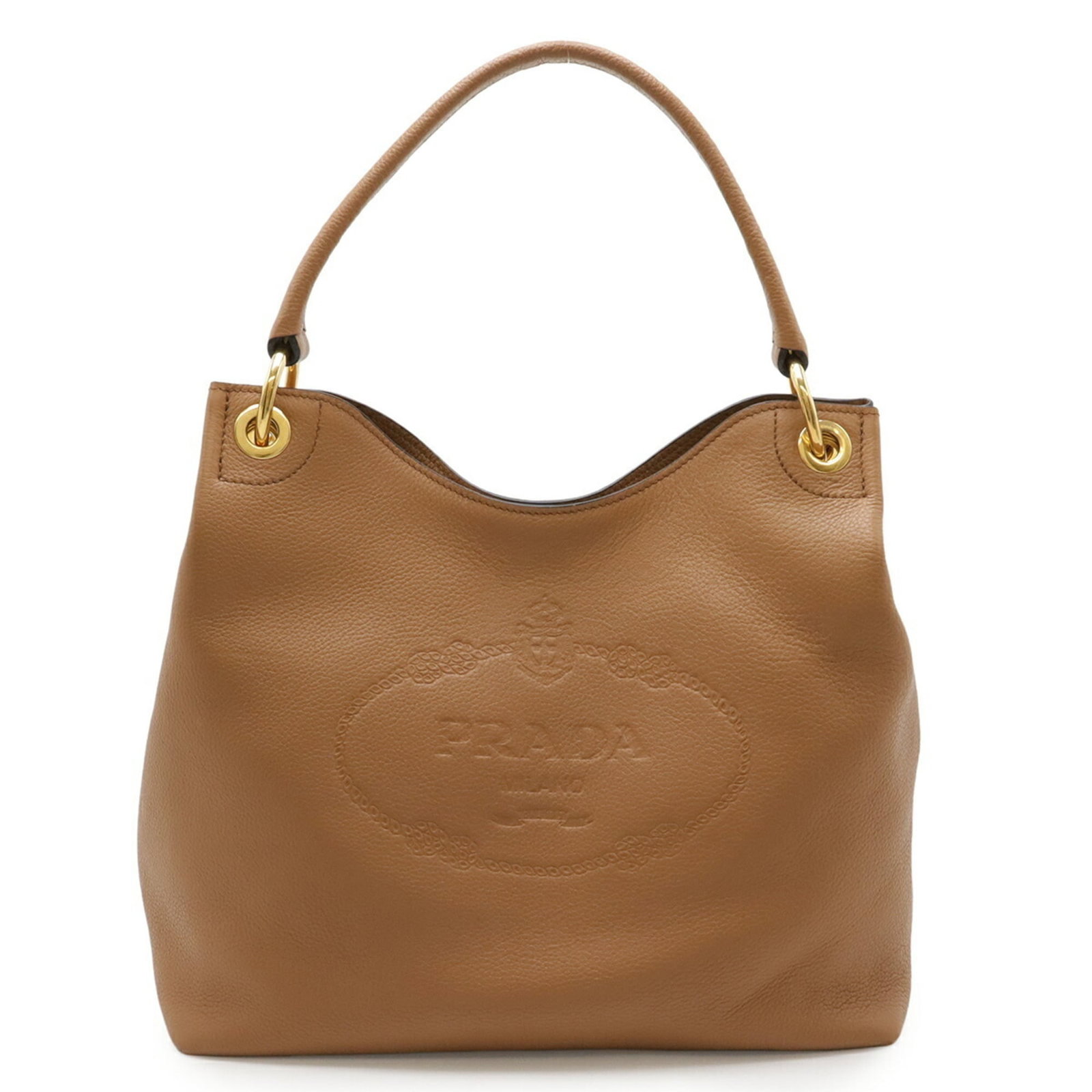 Leather Shoulder Bag Prada: Leather Shoulder Bag Prada Camel-colored leather shoulder bag from Prada, featuring a classic design with clean lines and subtle details. Measuring 27cm x 32.5cm x 15cm, this bag weighs approximately