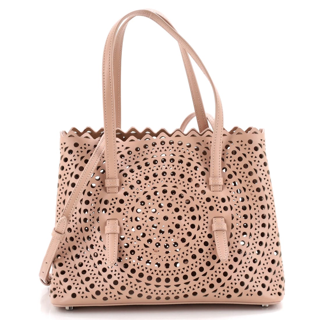 Laser cut leather tote alaia mina 25: Laser cut leather tote alaia mina 25 Laser cut leather tote with intricate details, featuring neutral exterior and interior colors. This Alaia Exterior Mina Tote measures 25" in size, with a handle