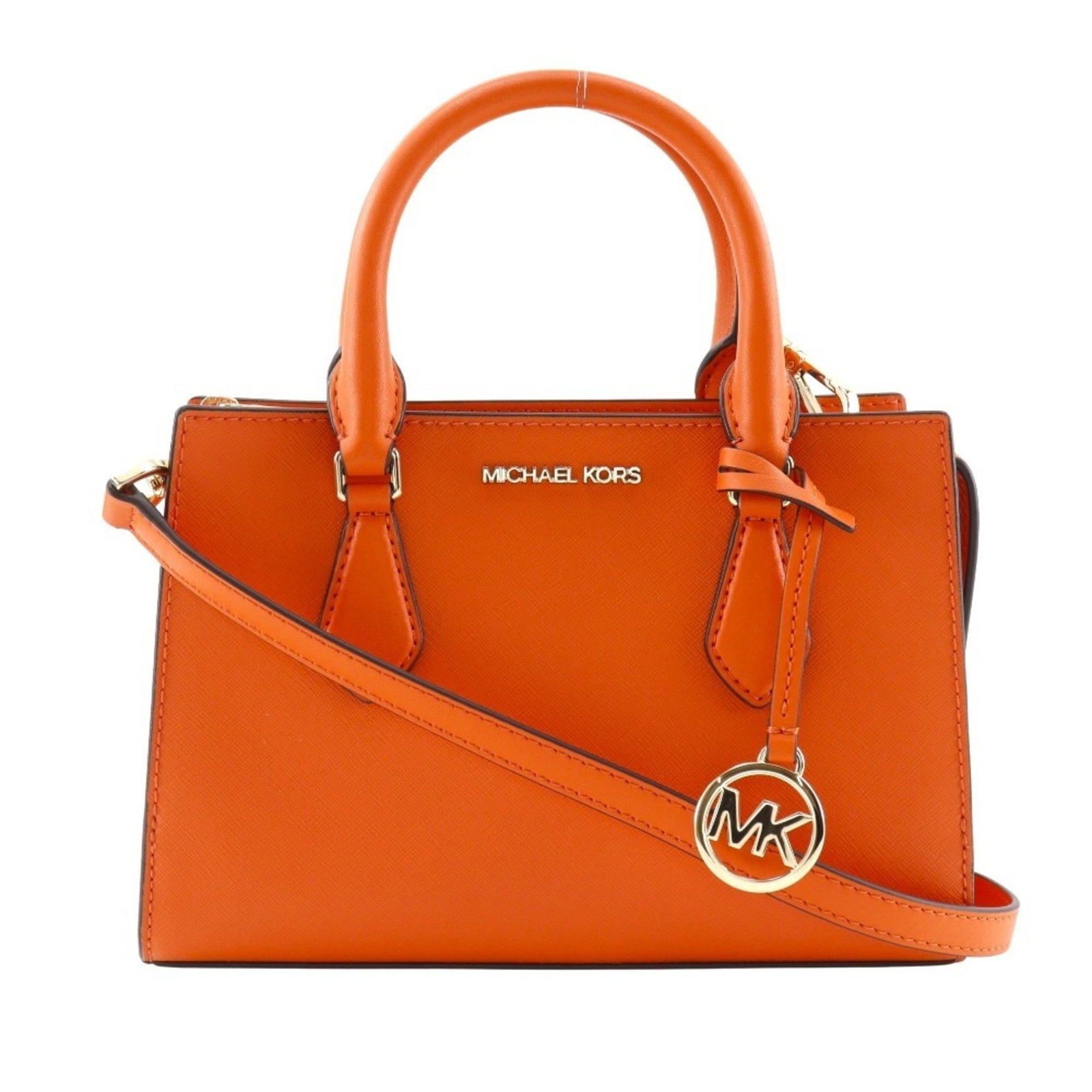 Handbag of Michael Kors Leather: Handbag of Michael Kors Leather This Michael Kors leather handbag boasts a vibrant orange color and features high-quality calfskin material. With its compact size and sturdy design, it's perfect for