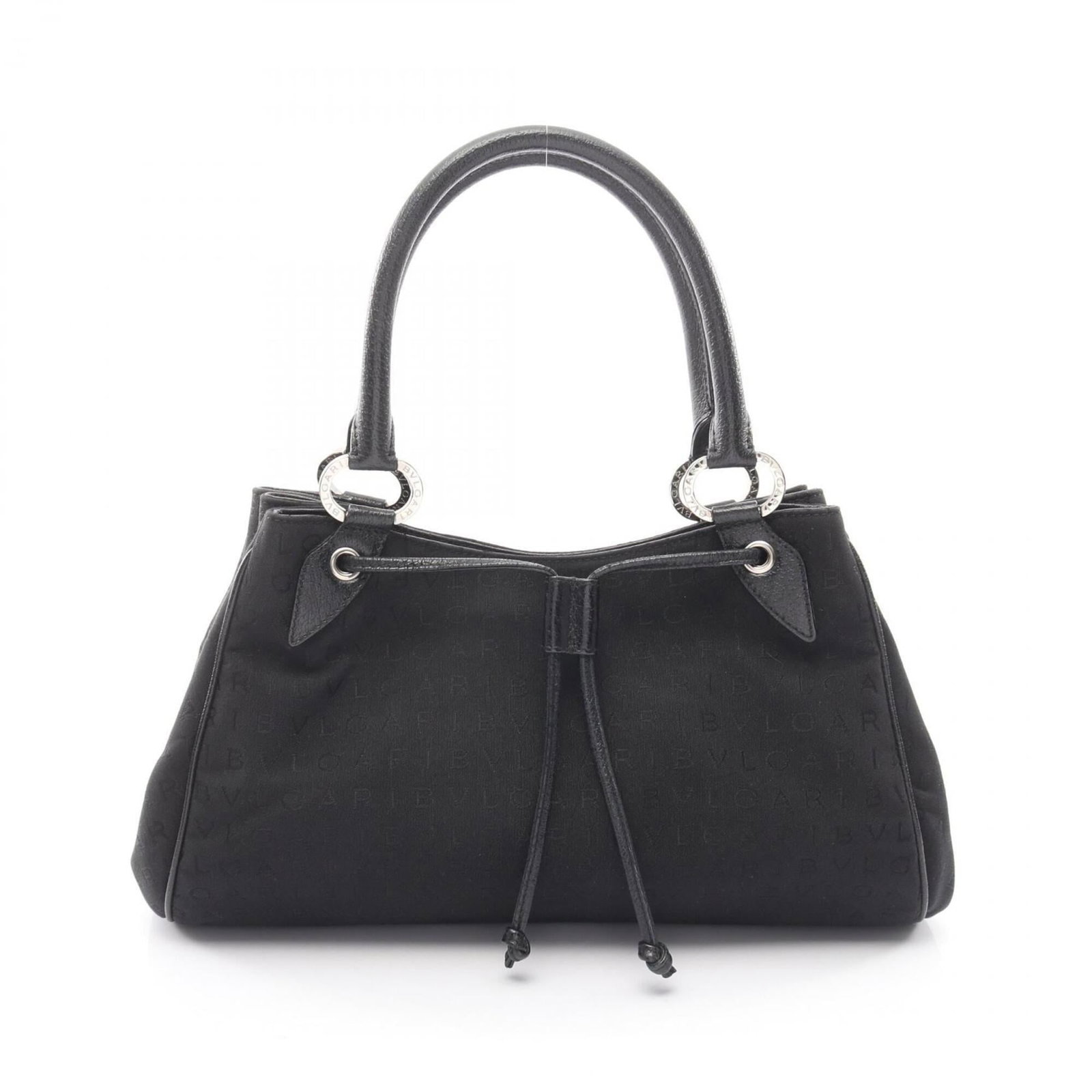 Bvlgari Handbag Canvas Leather: Bvlgari Handbag Canvas Leather Canvas and leather blend in sleek black, defining the Bvlgari handbag's understated sophistication. A few subtle signs of wear can be seen, adding to its well-loved char