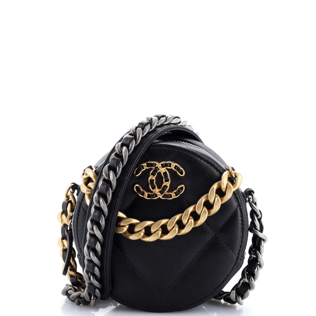 Chain quilted leather round clutch with chain Chanel 19: Chain quilted leather round clutch with chain Chanel 19 Chain quilted leather round clutch with chain and Chanel 19 logo. This black leather clutches features a quilted design, chain accents, and a go