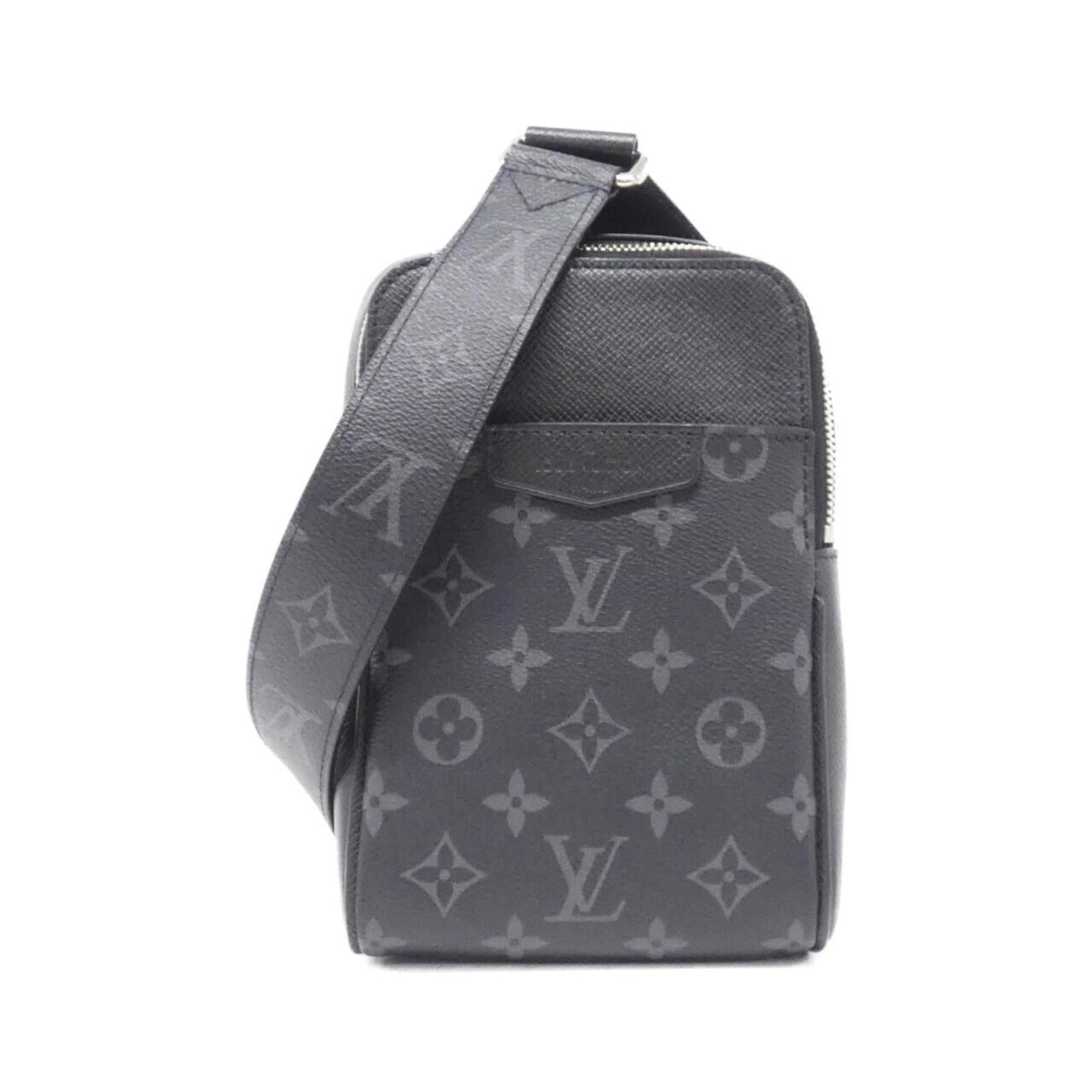 Canvas coated leather shoulder bag by Louis Vuitton: Canvas coated leather shoulder bag by Louis Vuitton This Louis Vuitton canvas coated leather shoulder bag boasts sleek, modern design with its black calf leather and silver hardware. Measuring 21cm x