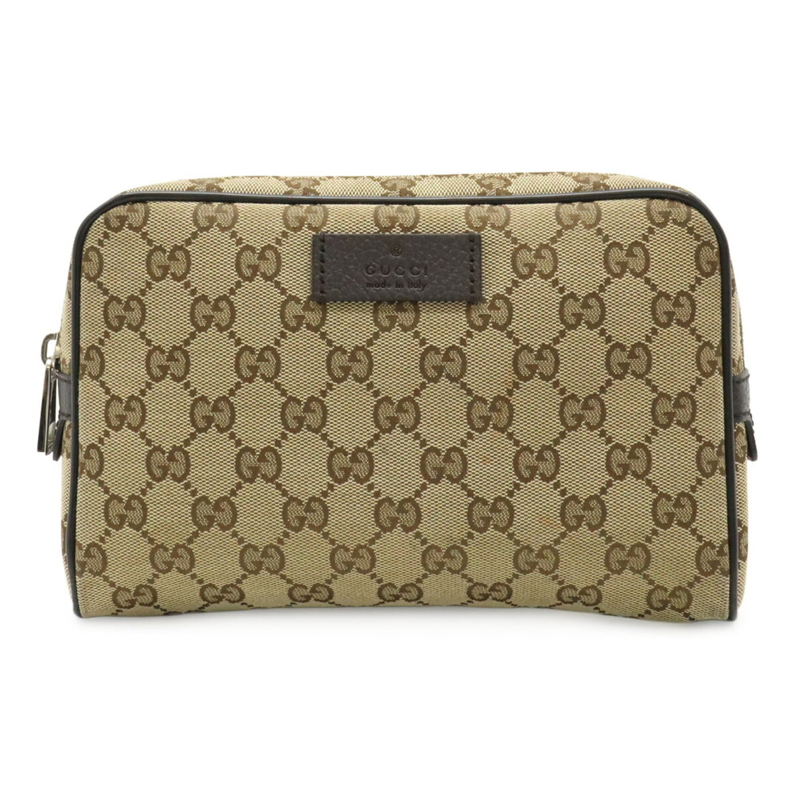 Gucci leather canvas sling bag pouch: Gucci leather canvas sling bag pouch Gucci leather canvas sling bag pouch in beige and dark brown hues, featuring a classic design with subtle scratches and signs of usage. The canvas material
