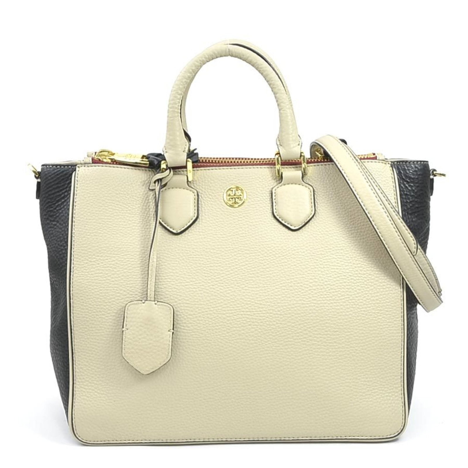 Shoulder Bag Handbag Leather Tory: Shoulder Bag Handbag Leather Tory Tory Burch Leather Shoulder Bag in Beige and Black, with a classic design and timeless style. This pre-owned shoulder bag features high-quality leather construction