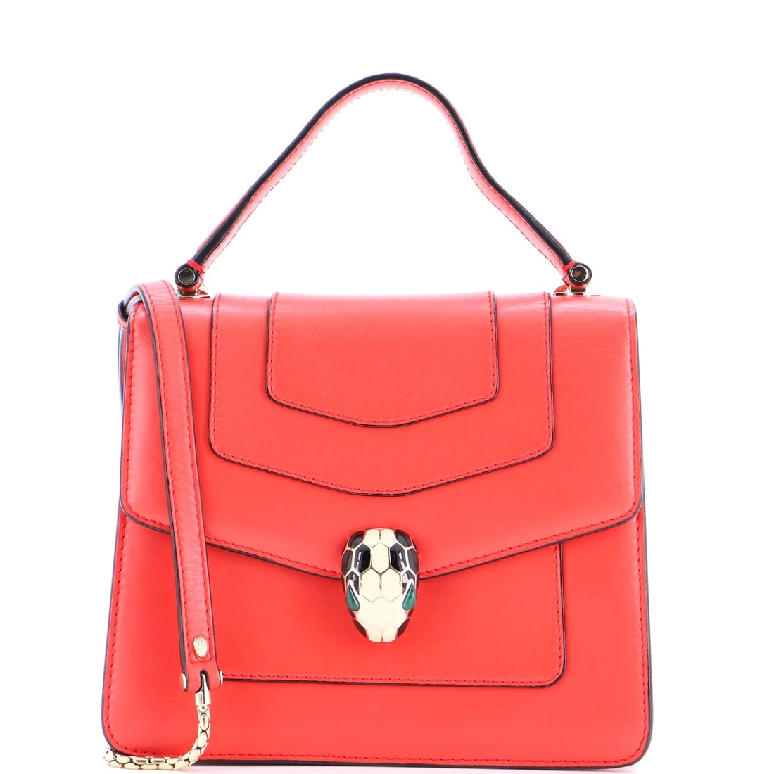 Small leather bag forever top handle serpenti bvlgari: Small leather bag forever top handle serpenti bvlgari Small leather bag with top handle and mirror, featuring the iconic Serpenti Forever design from Bvlgari. This small leather bag measures 3" drop