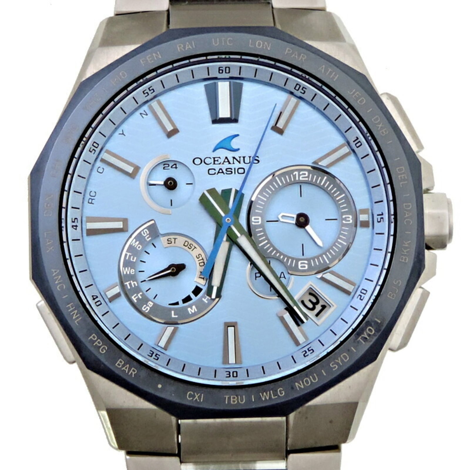 Wristwatch by Casio: Wristwatch by Casio The Casio titanium wristwatch boasts an elegant blue dial and durable construction, making it a reliable timepiece for everyday wear. With its 42.5mm case diameter and adjustable t