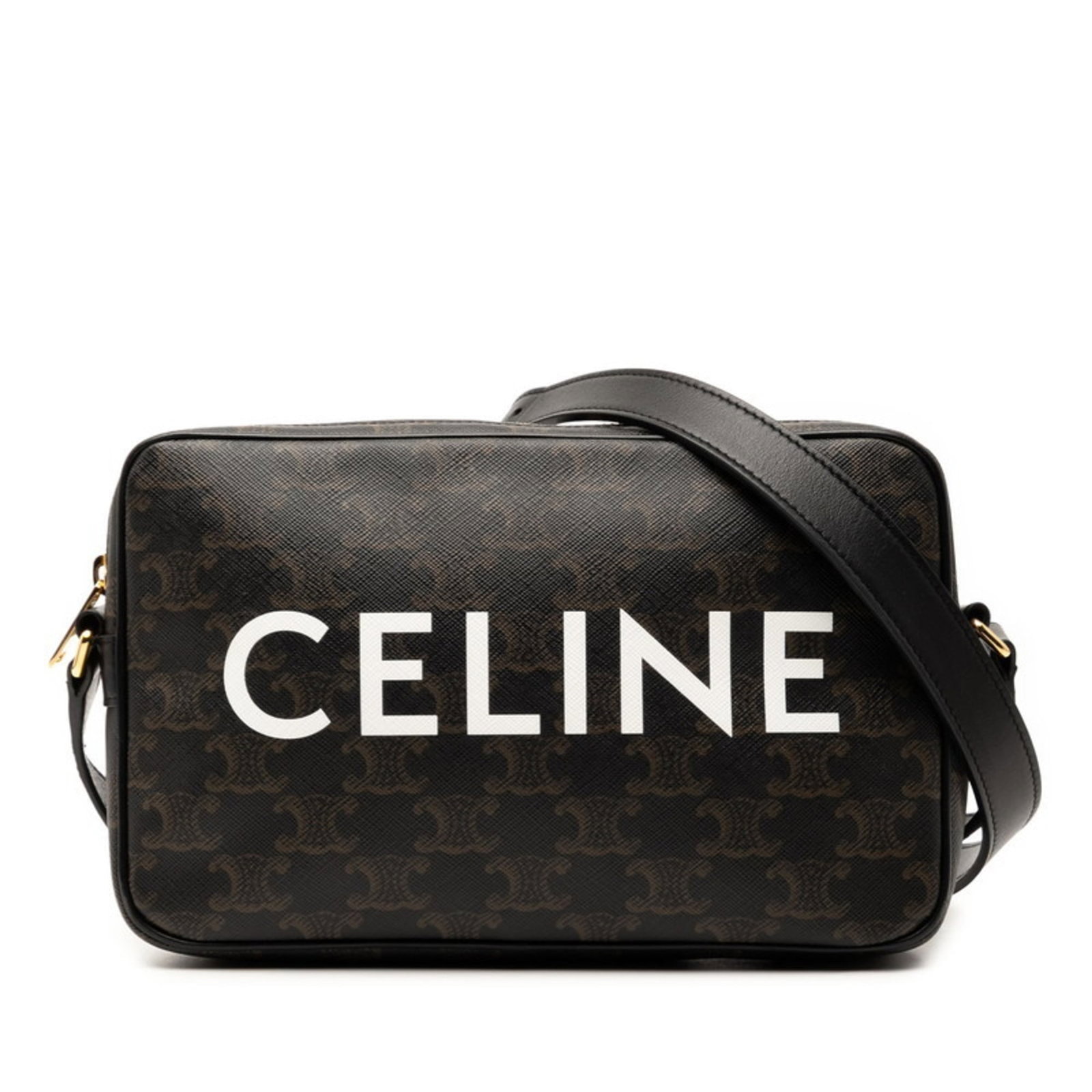 PVC Leather Celine Shoulder Bag: PVC Leather Celine Shoulder Bag PVC leather Celine shoulder bag in black and brown, featuring a durable construction with scratches and dirt visible from use. The bag measures 14cm x 22.5cm x 4cm and