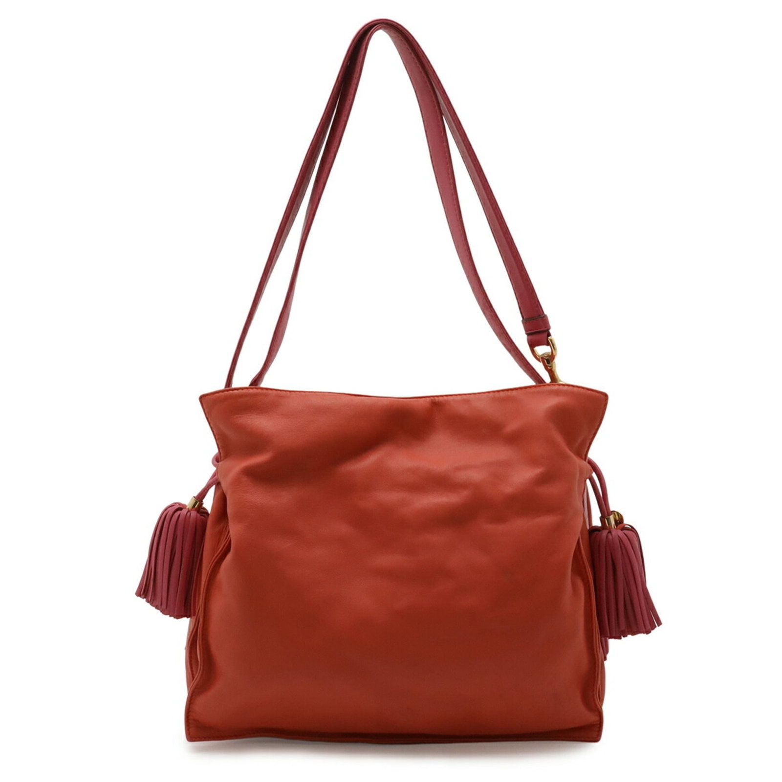 Shoulder Bag Nappa Leather: Shoulder Bag Nappa Leather Pink, Red, and Wine Nappa Leather Shoulder Bag. This used Loewe shoulder bag features nappa leather in pink, red, and wine colors, with a classic design and timeless style. 